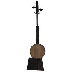 Vintage Indonesian Artisanal Guitar Instrument on Iron Stand