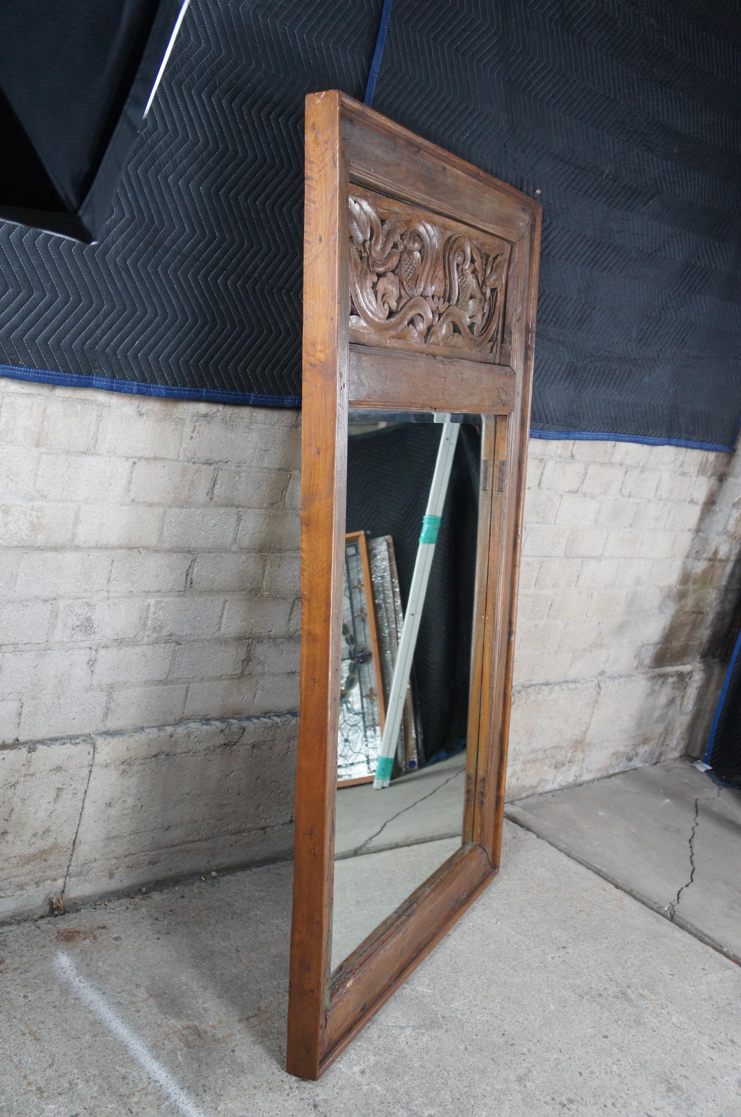 Vintage Indonesian Carved Mahogany Over Mantel Wall Mirror Reclaimed Door For Sale 4