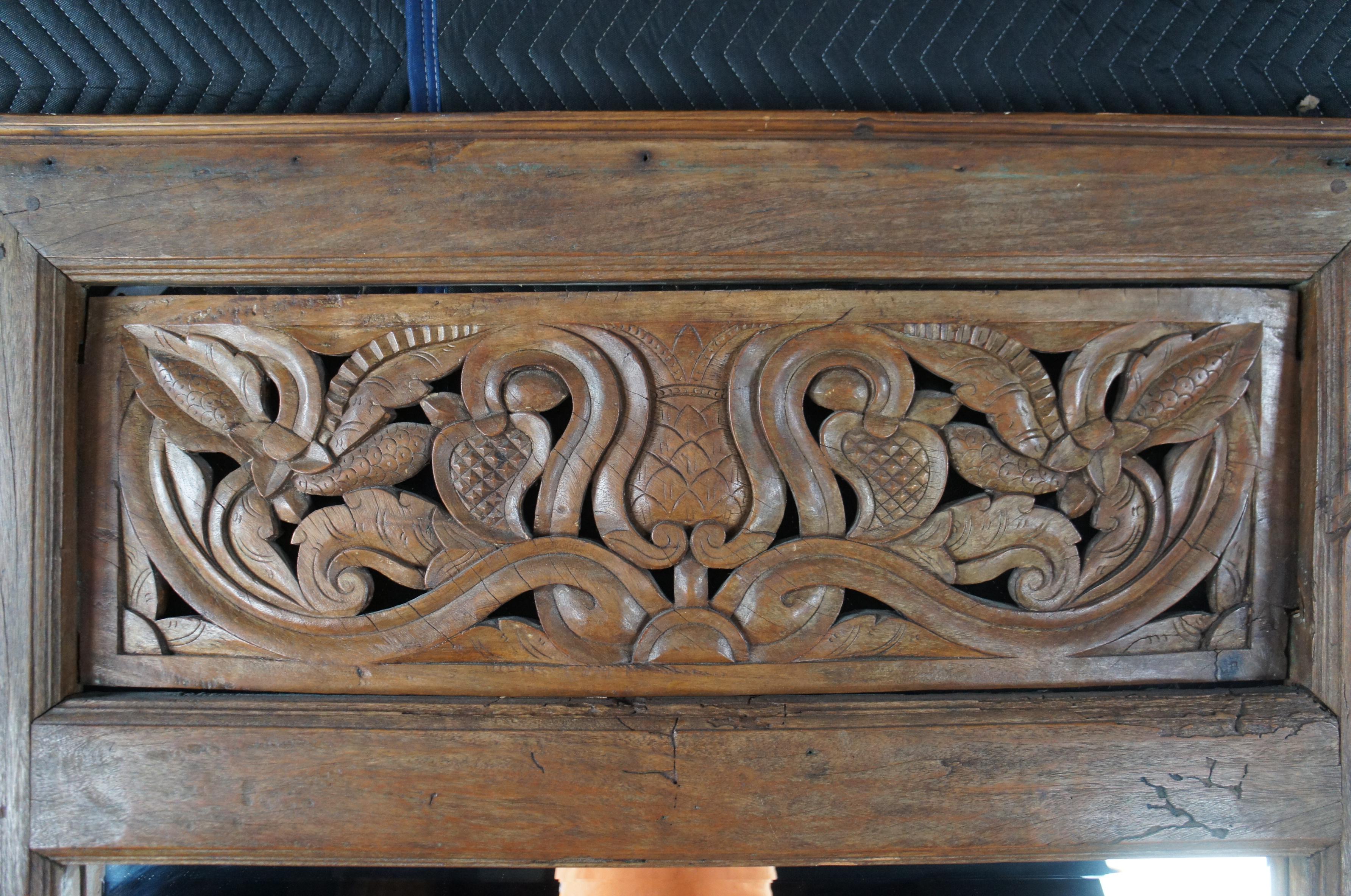 Vintage Indonesian Carved Mahogany Over Mantel Wall Mirror Reclaimed Door In Good Condition For Sale In Dayton, OH