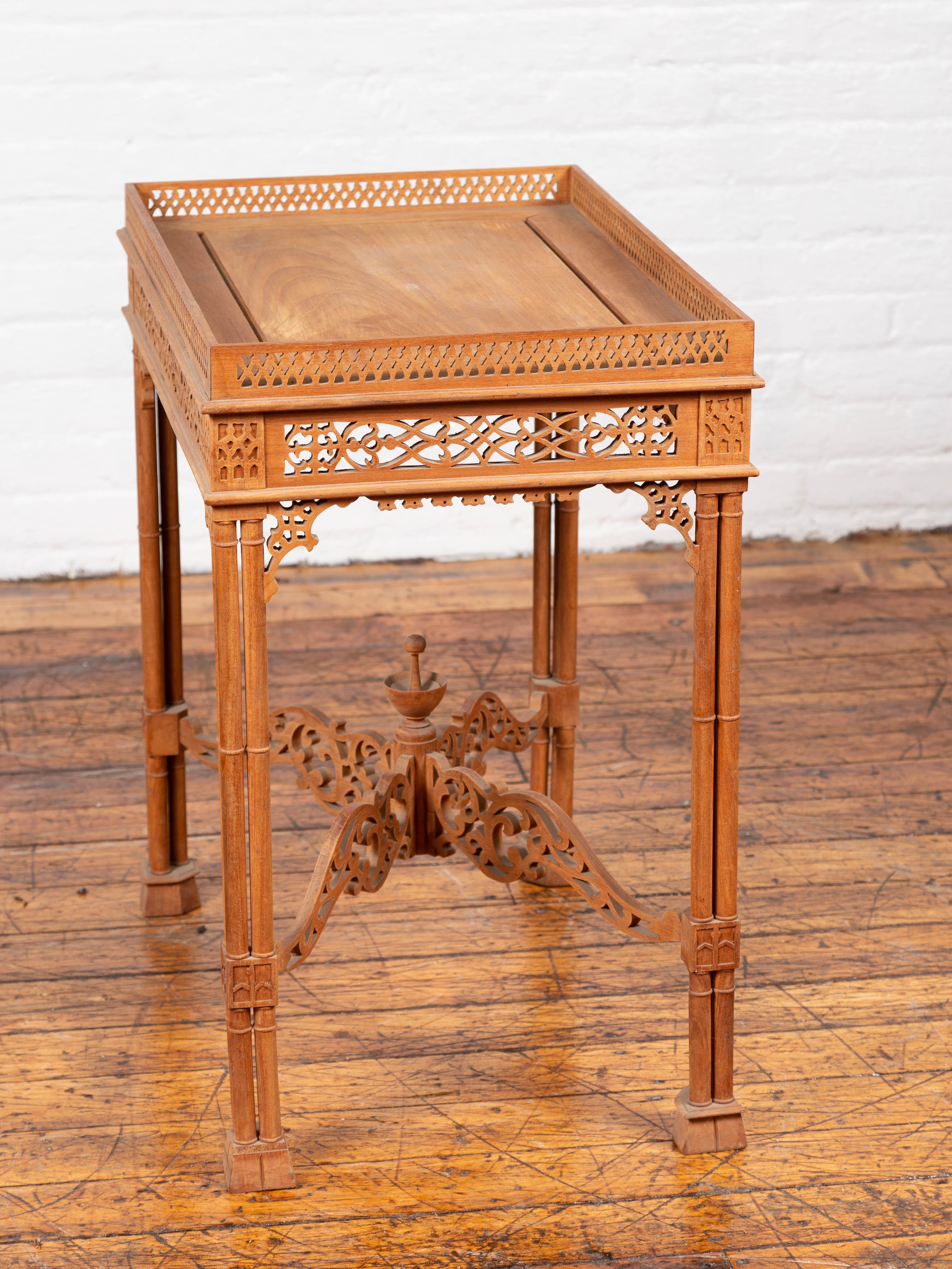 Vintage Indonesian Carved Side Table with Open Fretwork and Cross Stretcher 4