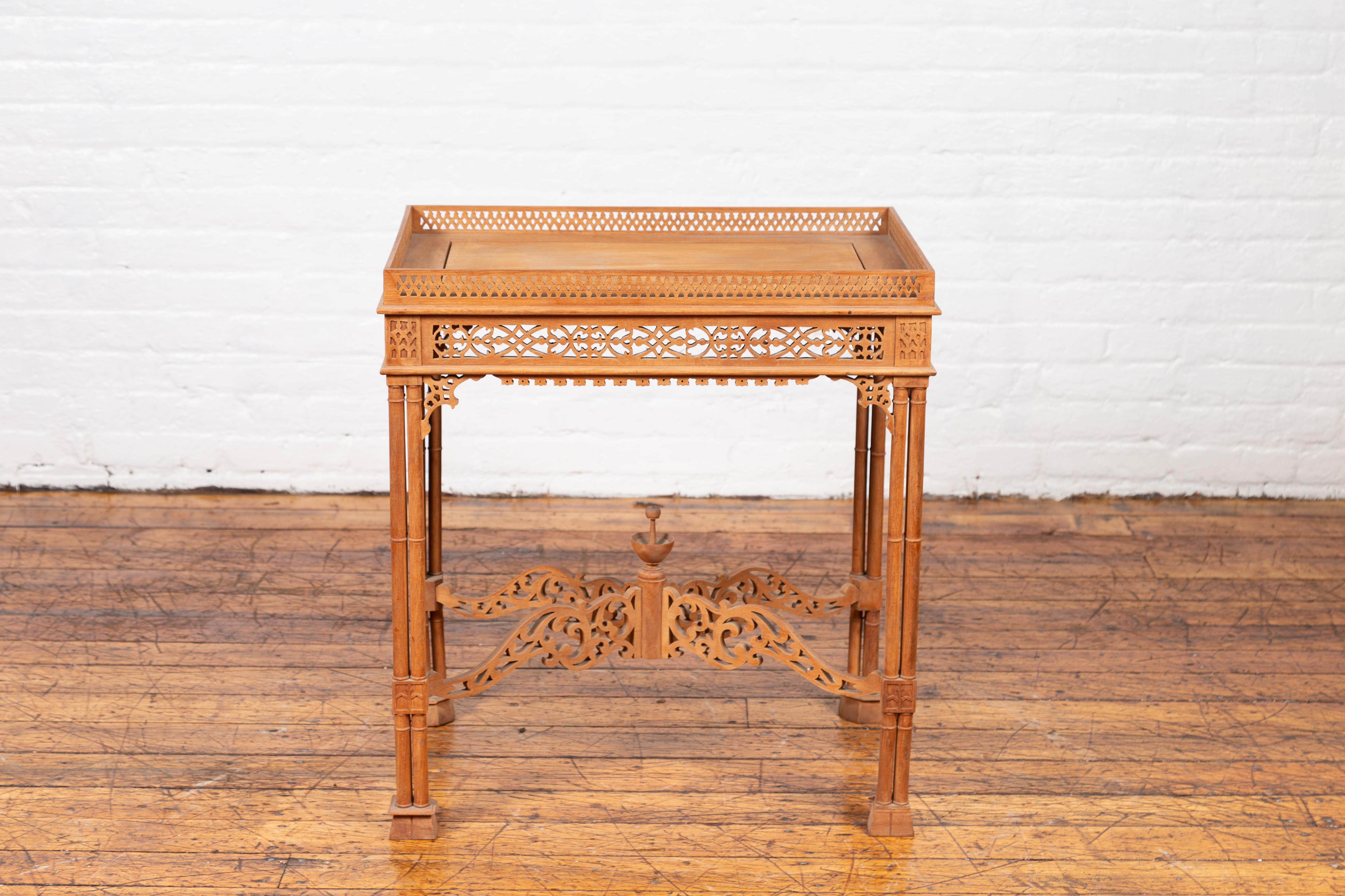Vintage Indonesian Carved Side Table with Open Fretwork and Cross Stretcher 5