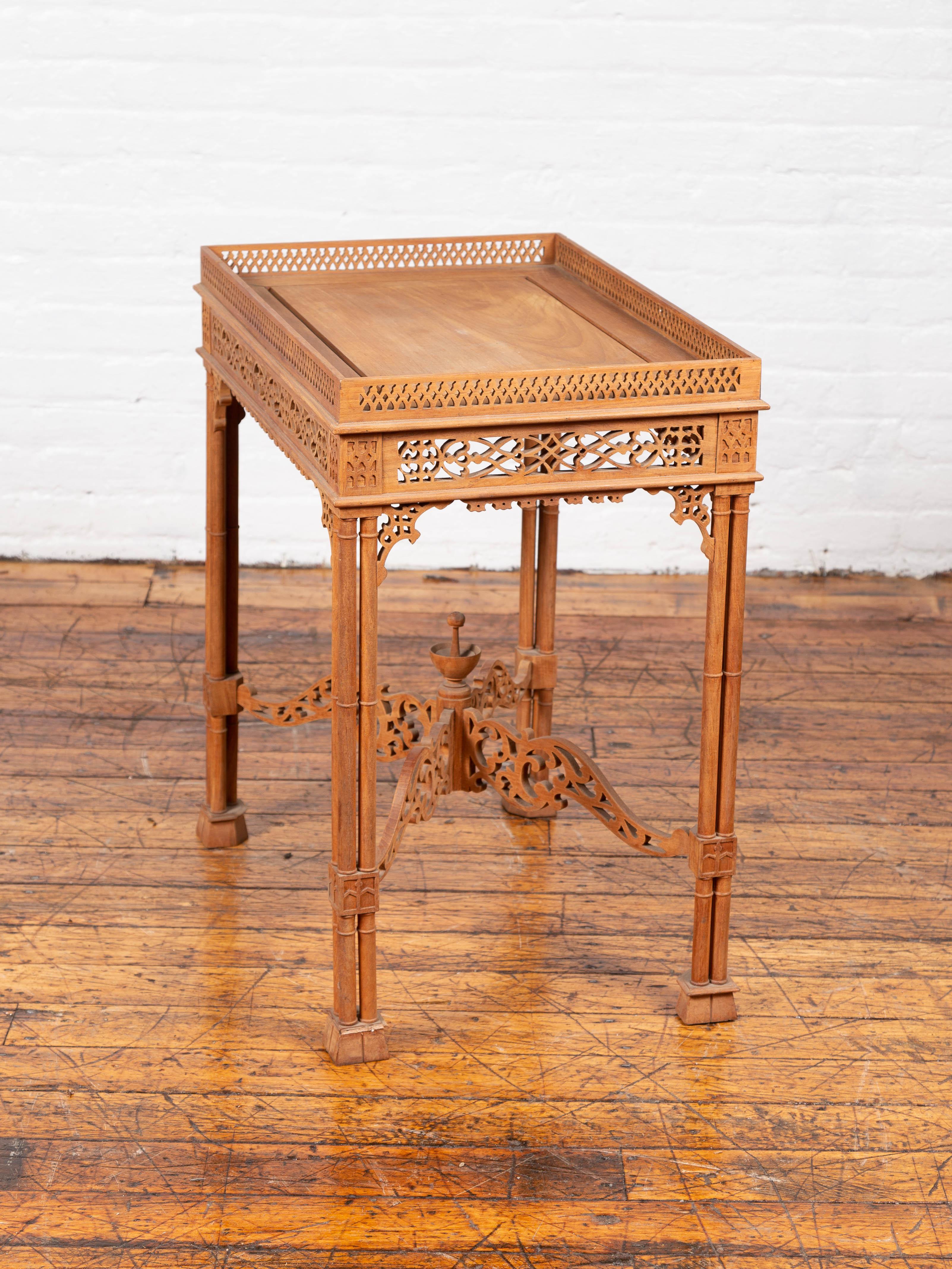 Vintage Indonesian Carved Side Table with Open Fretwork and Cross Stretcher 6