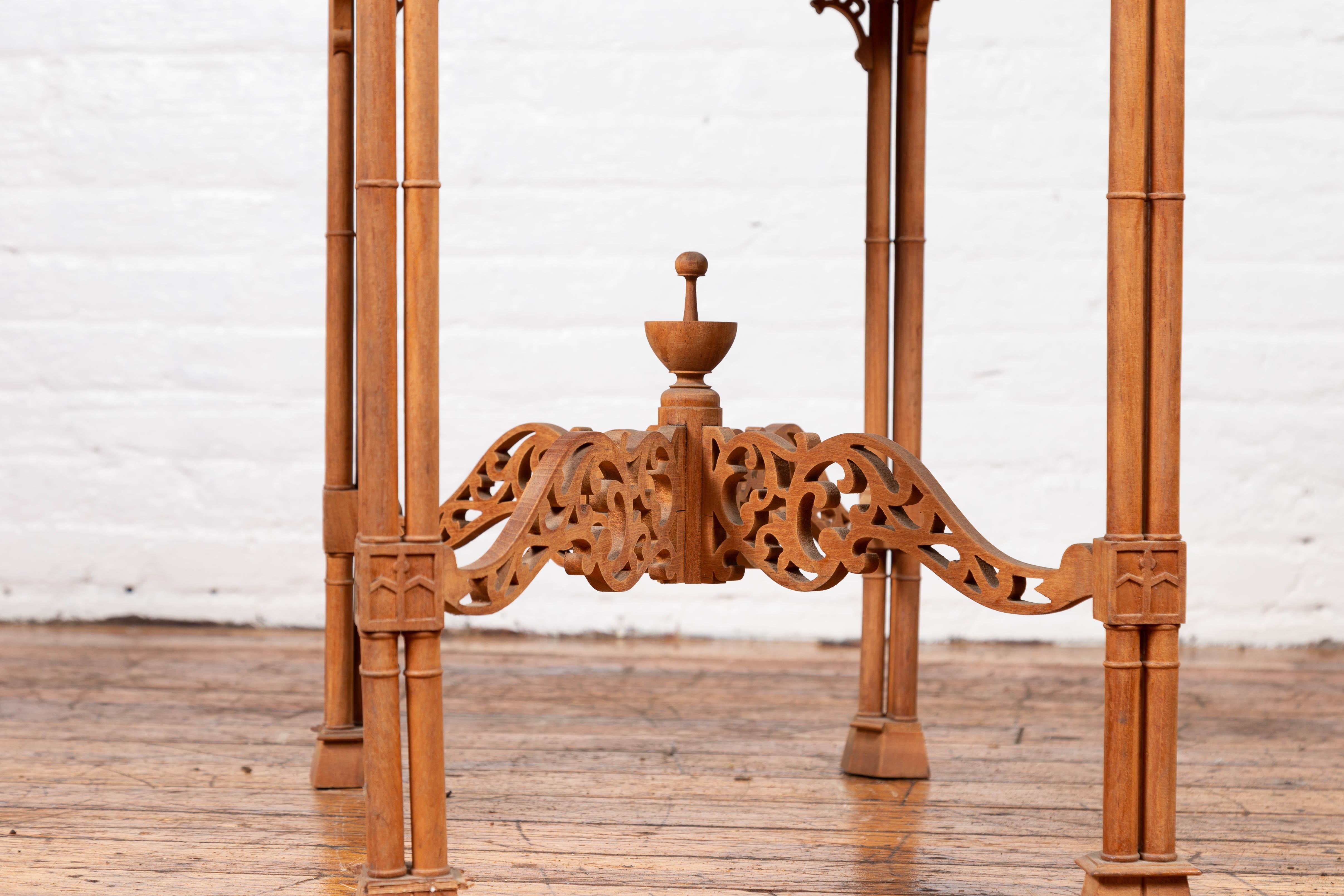 Vintage Indonesian Carved Side Table with Open Fretwork and Cross Stretcher 7