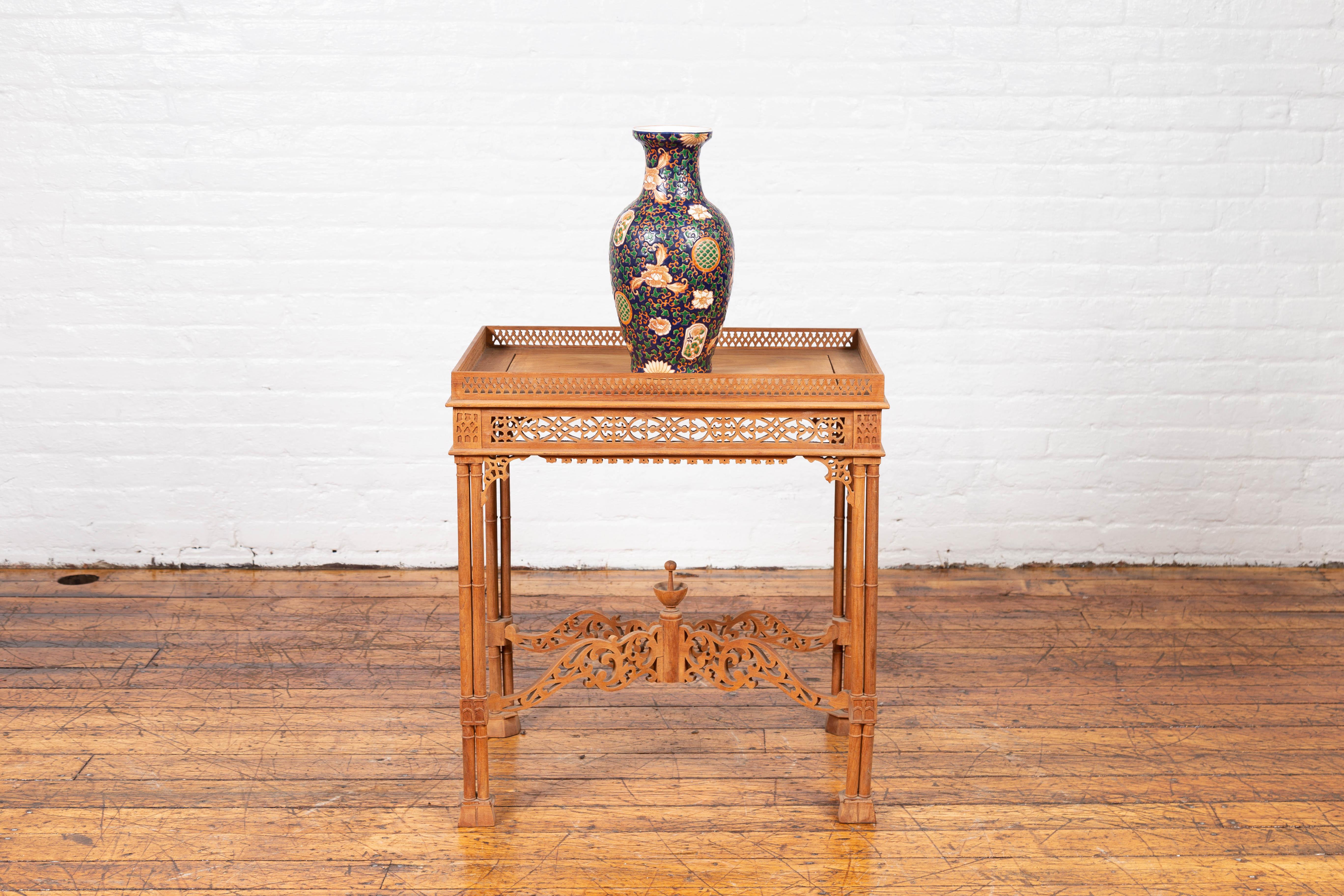 Vintage Indonesian Carved Side Table with Open Fretwork and Cross Stretcher 8