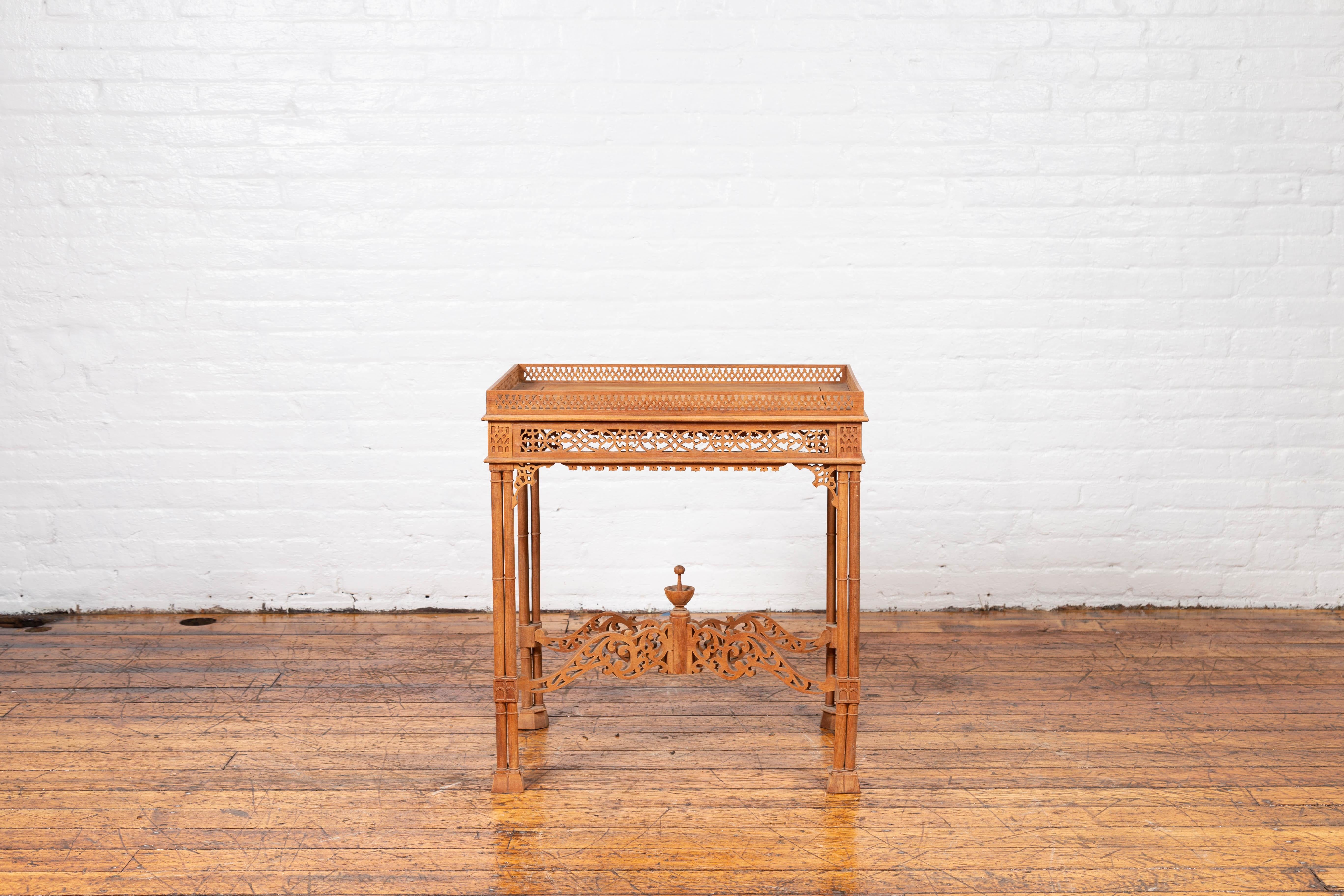 Vintage Indonesian Carved Side Table with Open Fretwork and Cross Stretcher 9