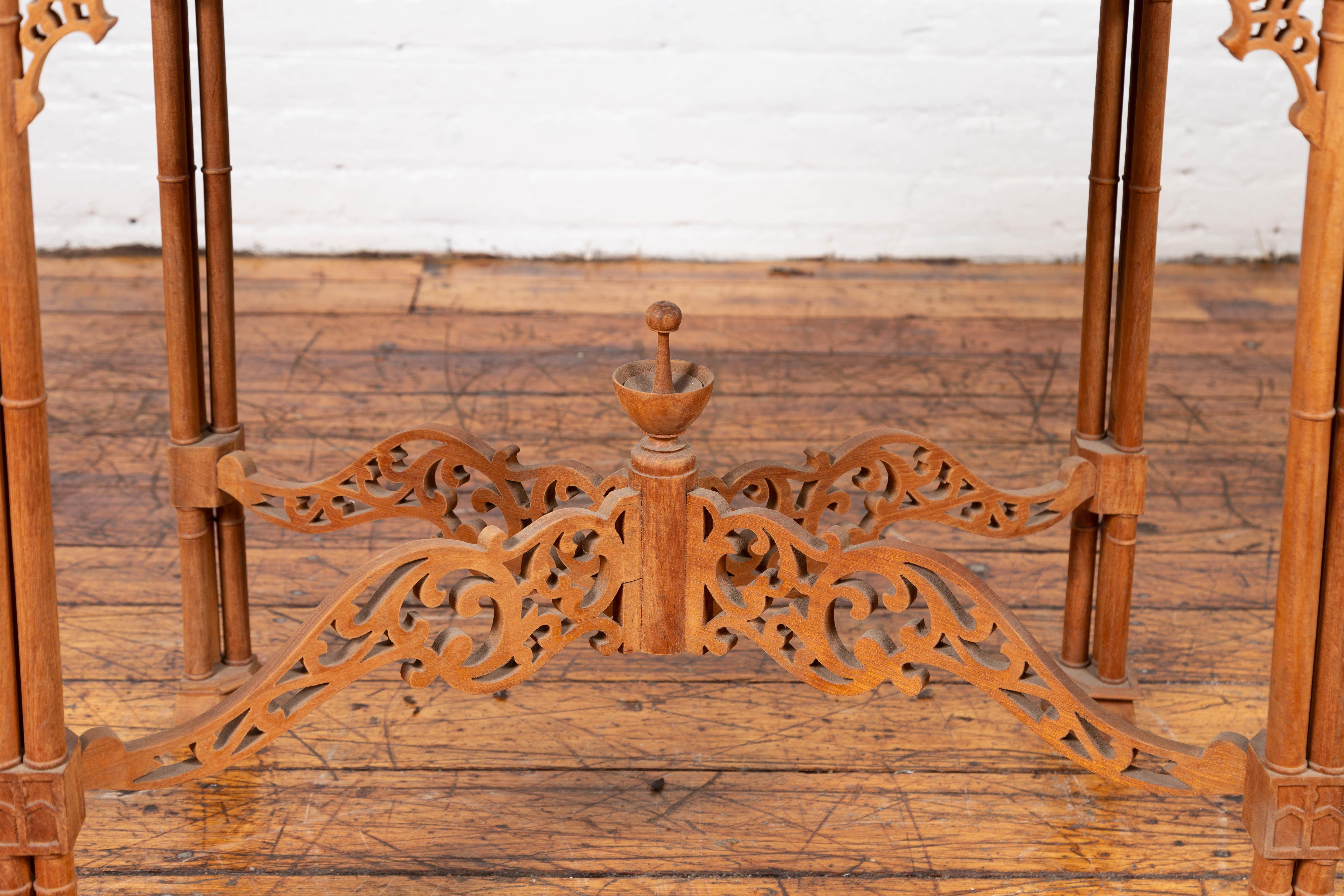 20th Century Vintage Indonesian Carved Side Table with Open Fretwork and Cross Stretcher