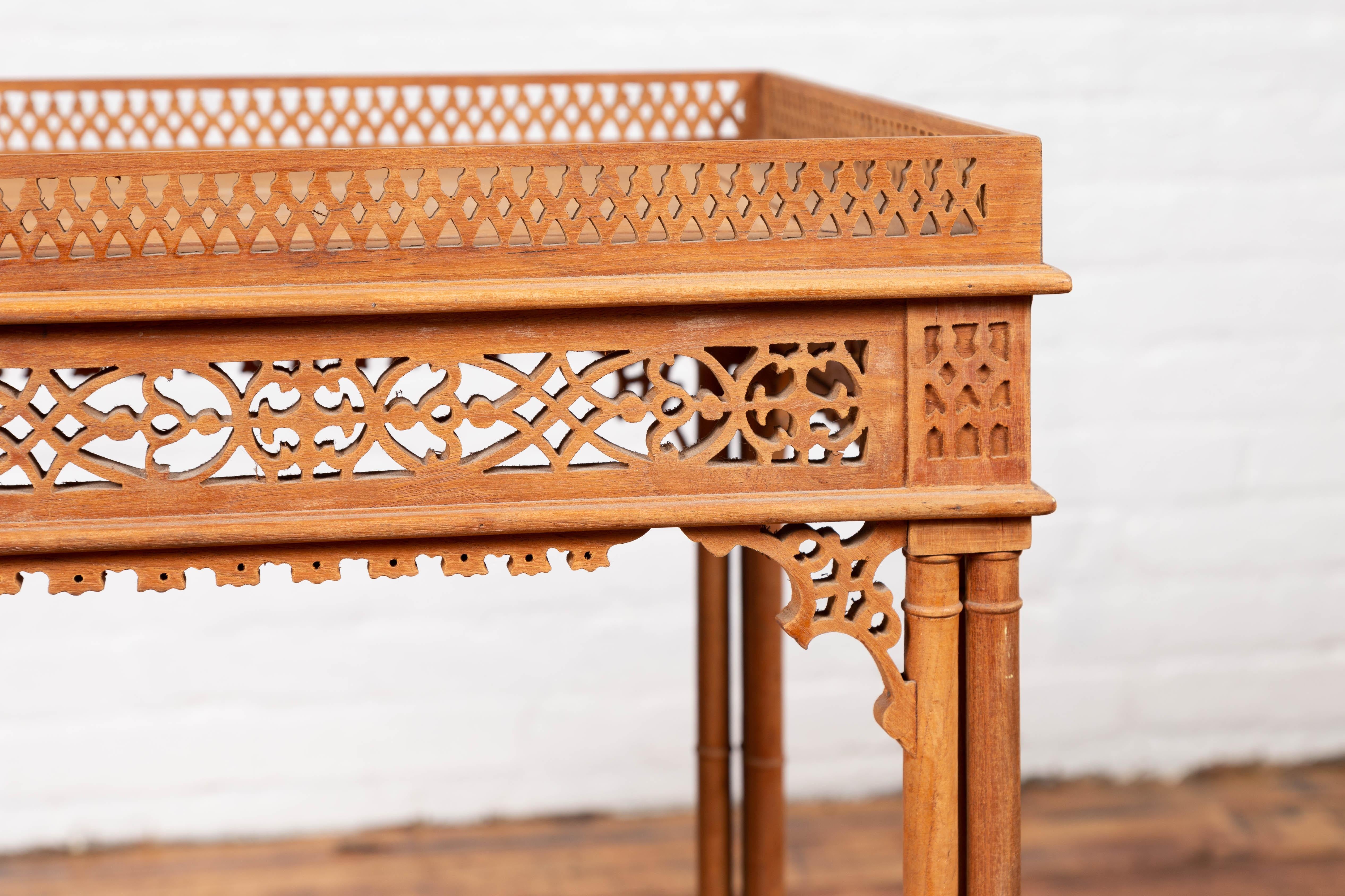 Wood Vintage Indonesian Carved Side Table with Open Fretwork and Cross Stretcher