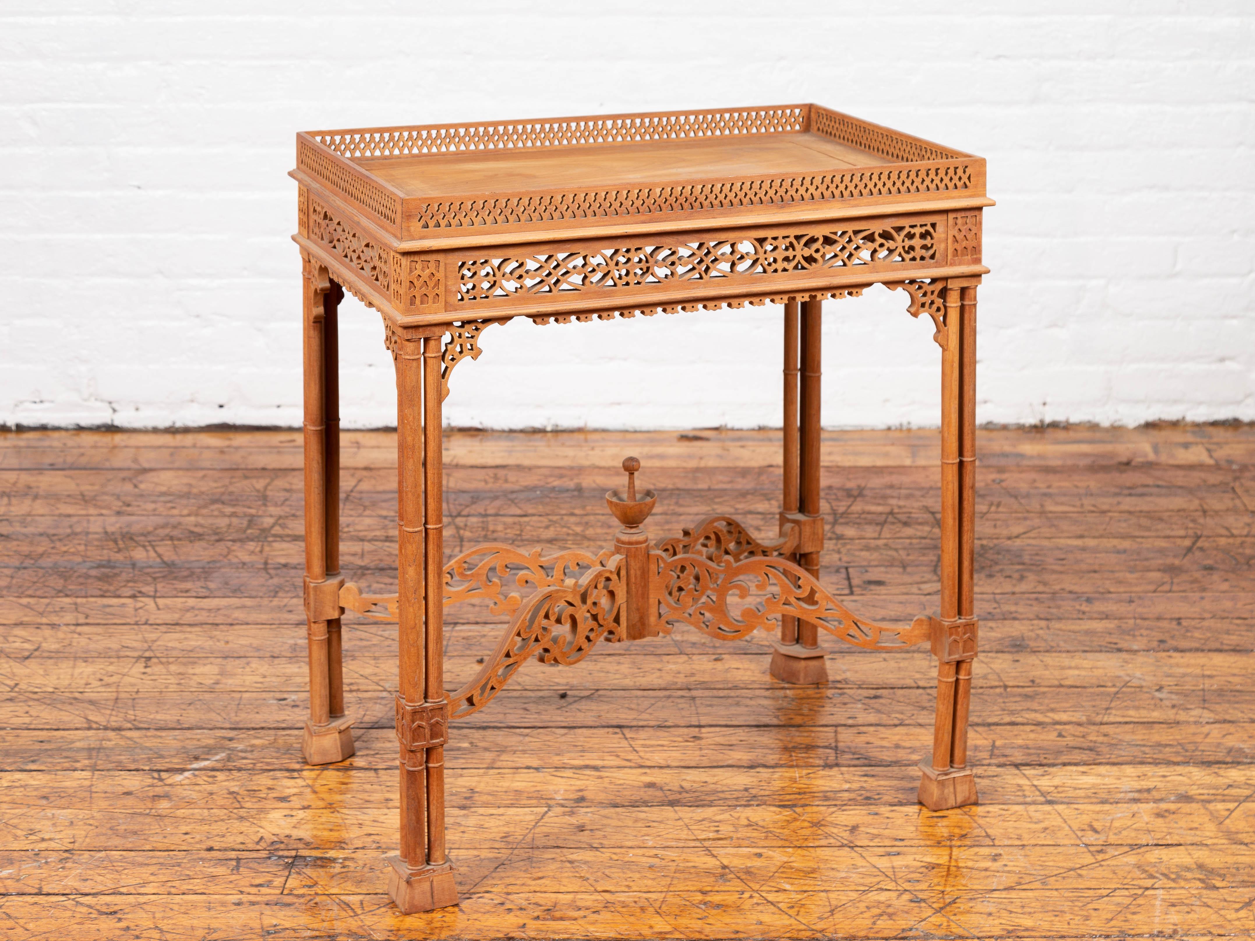 Vintage Indonesian Carved Side Table with Open Fretwork and Cross Stretcher 2