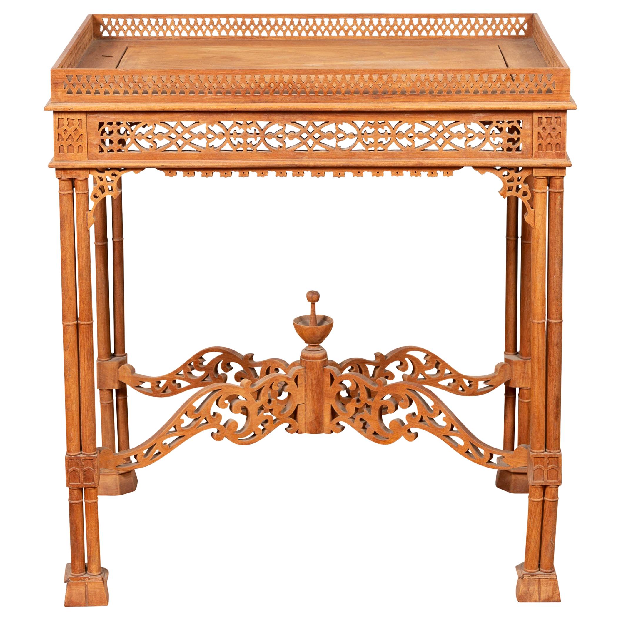 Vintage Indonesian Carved Side Table with Open Fretwork and Cross Stretcher