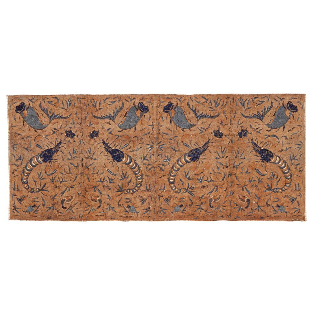 Vintage Indonesian Kain Batik Tulis Supit Urang, Solo (Surakarta), Java, 1950.
A traditional meticulously hand drawn wax resist painting by canting on cotton, of an aquatic theme Supit Urang (shrimp clip) in a four panel design of a pair of