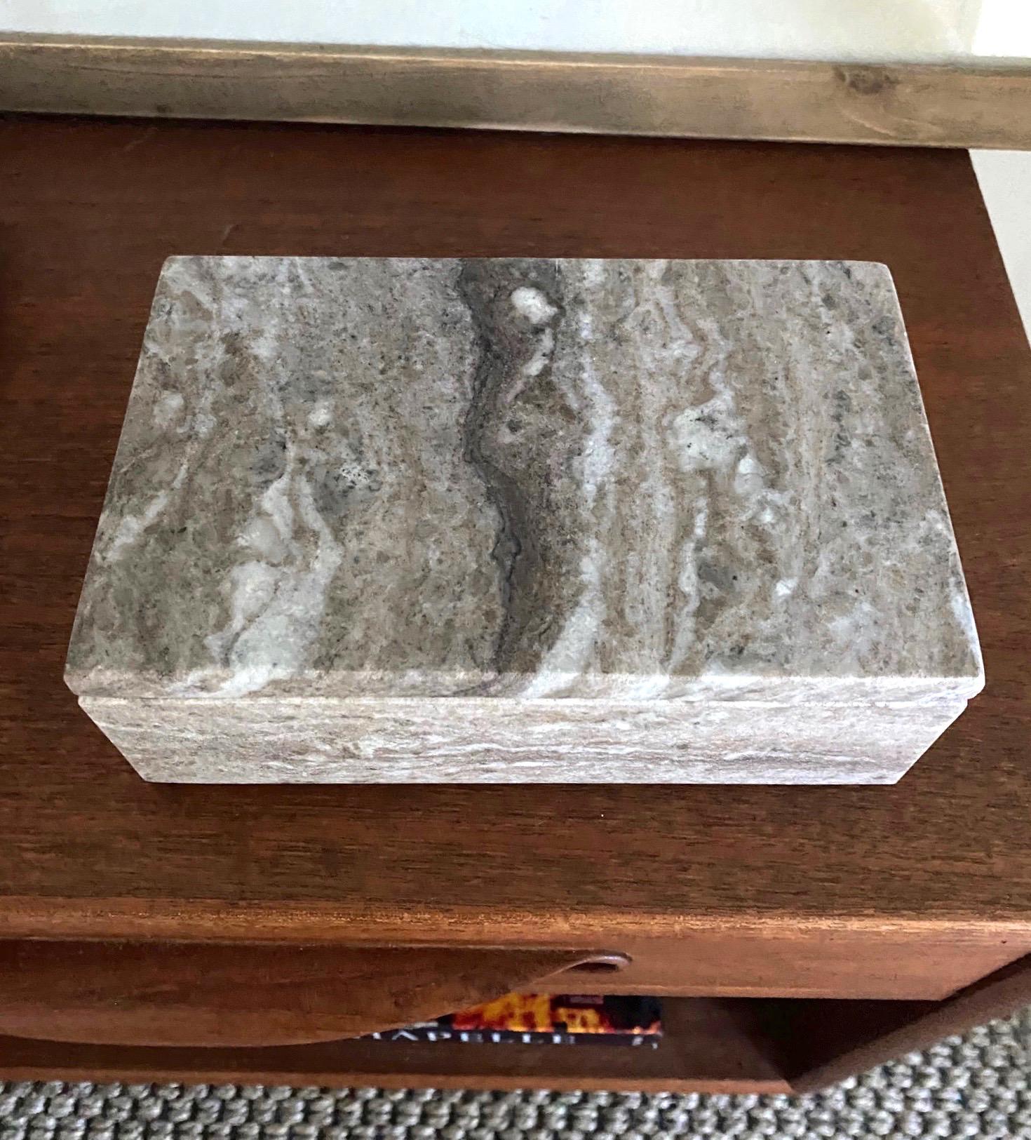 Hand-Carved Marble Stone Box with Stripes in Brown, Grey, and White