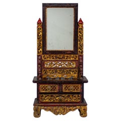 Vintage Indonesian Maduran Tabletop Jewelry Case or Vanity Mirror w/Chest