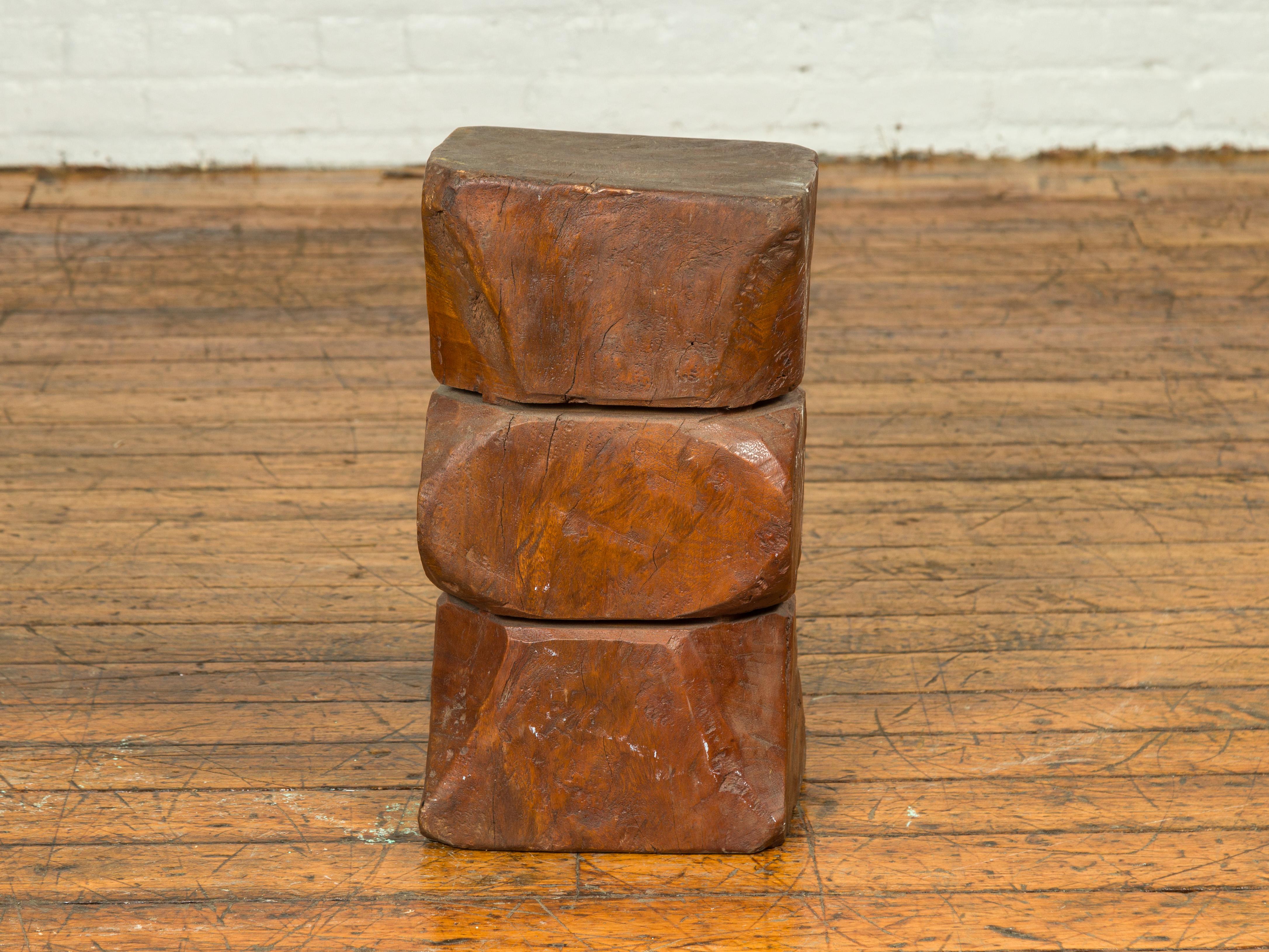 Wood Vintage Indonesian Rustic Tree Stump Pedestal with Hourglass Silhouette