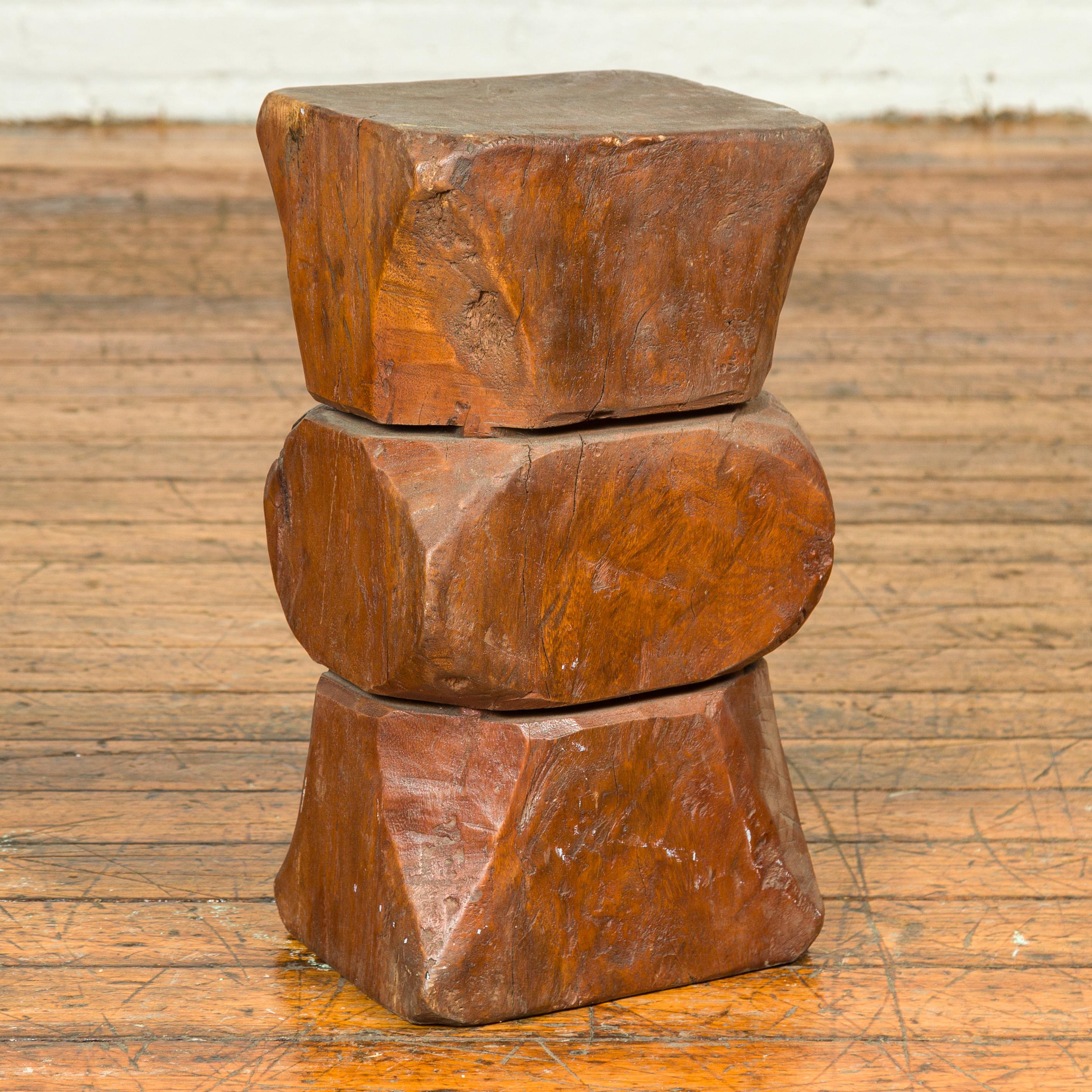 Vintage Indonesian Rustic Tree Stump Pedestal with Hourglass Silhouette 2
