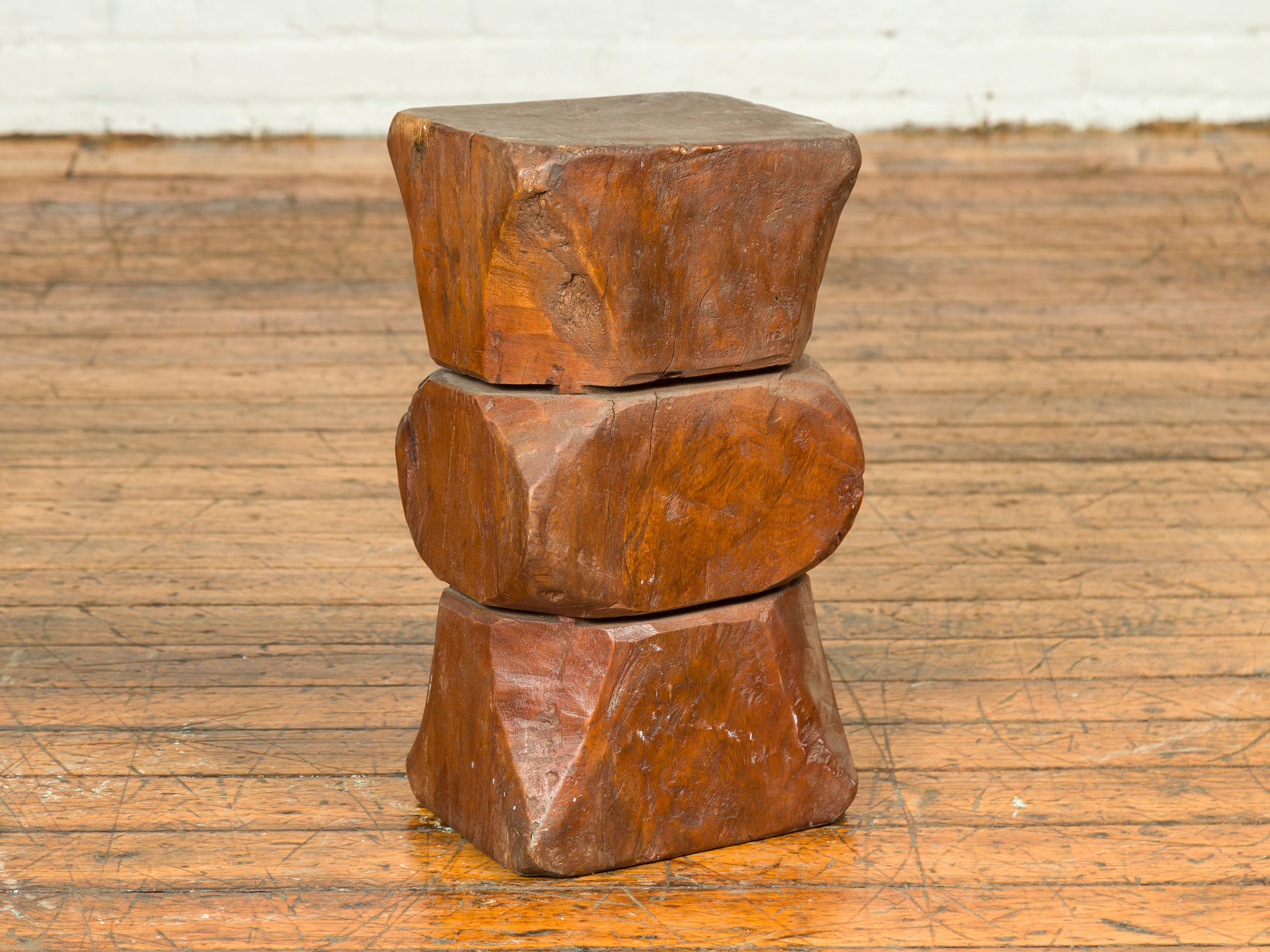 Vintage Indonesian Rustic Tree Stump Pedestal with Hourglass Silhouette 3