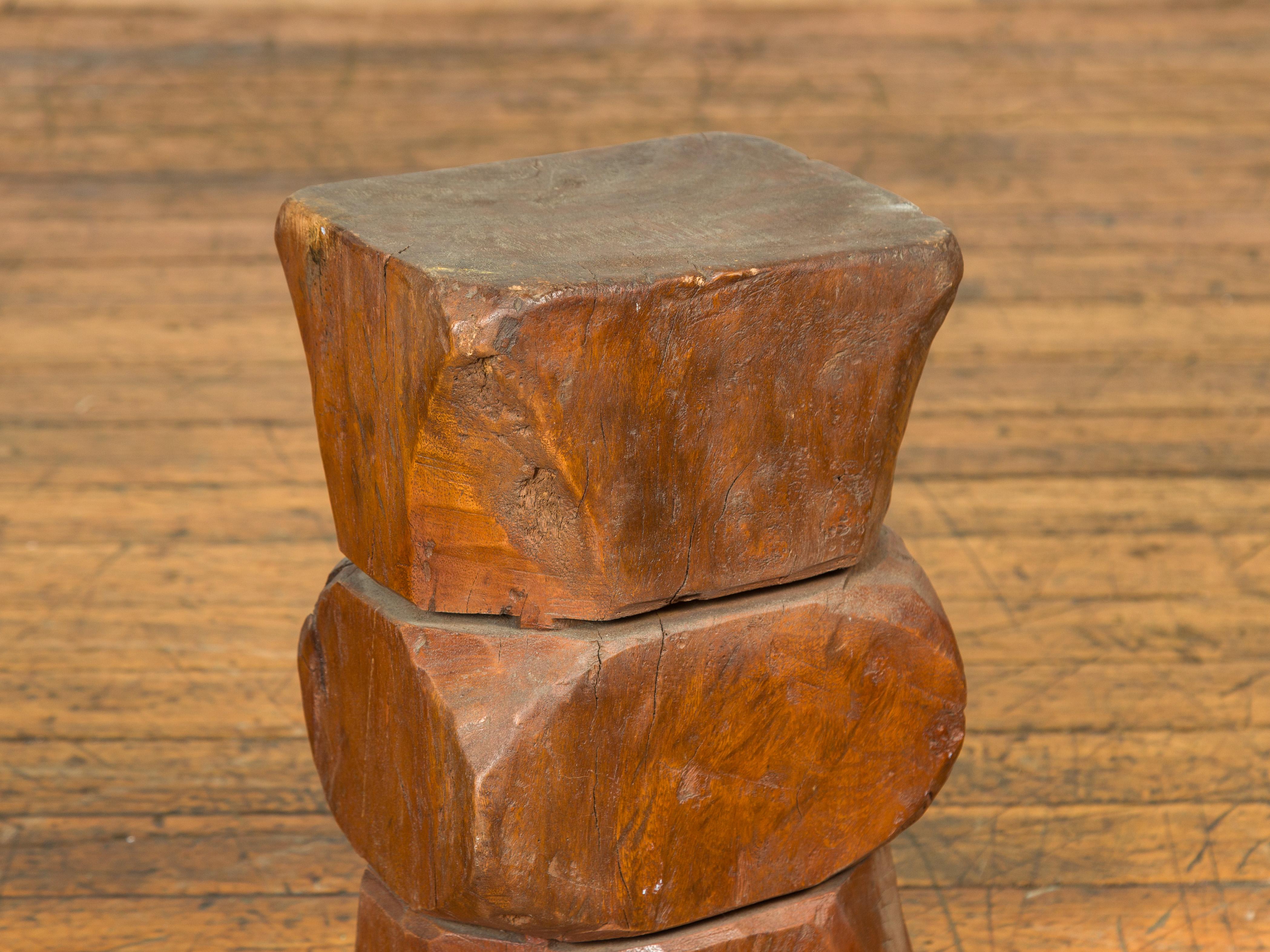 Vintage Indonesian Rustic Tree Stump Pedestal with Hourglass Silhouette 4