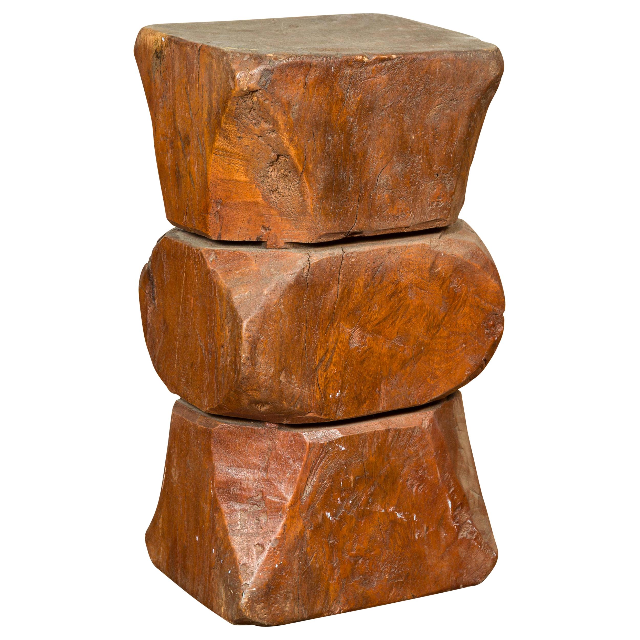 Vintage Indonesian Rustic Tree Stump Pedestal with Hourglass Silhouette
