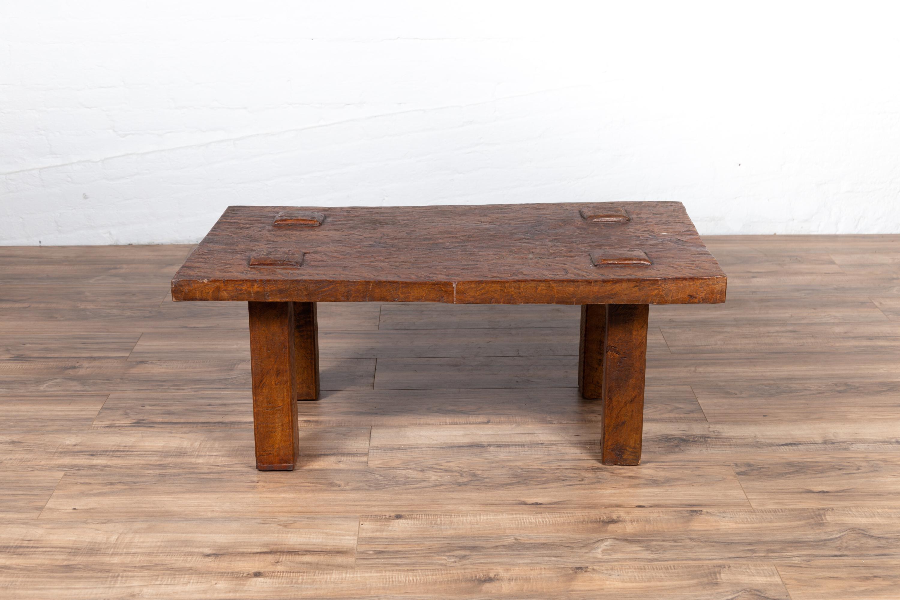 Vintage Indonesian Rustic Wooden Coffee Table with Square Legs and Raised Joints 3