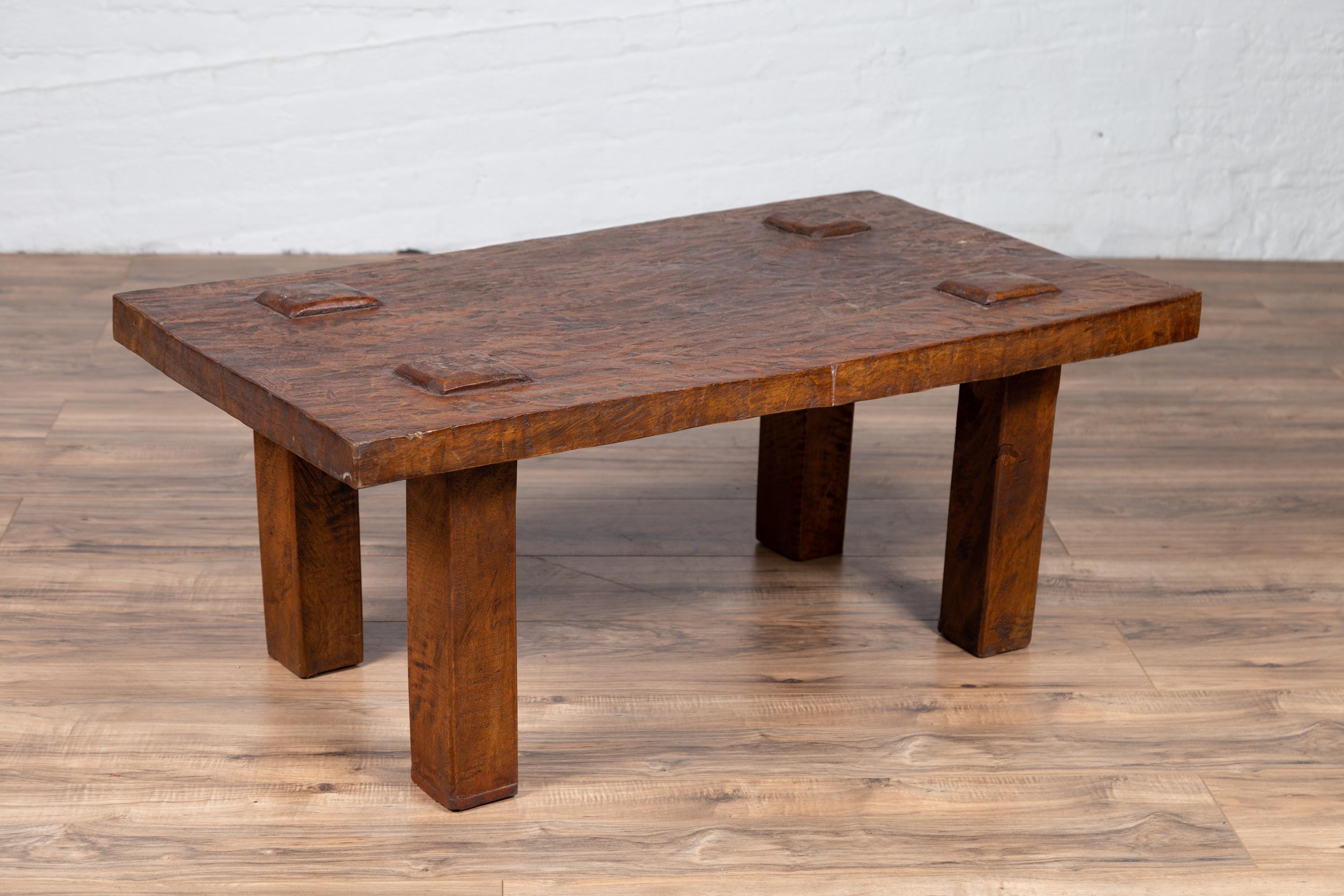 Vintage Indonesian Rustic Wooden Coffee Table with Square Legs and Raised Joints 4