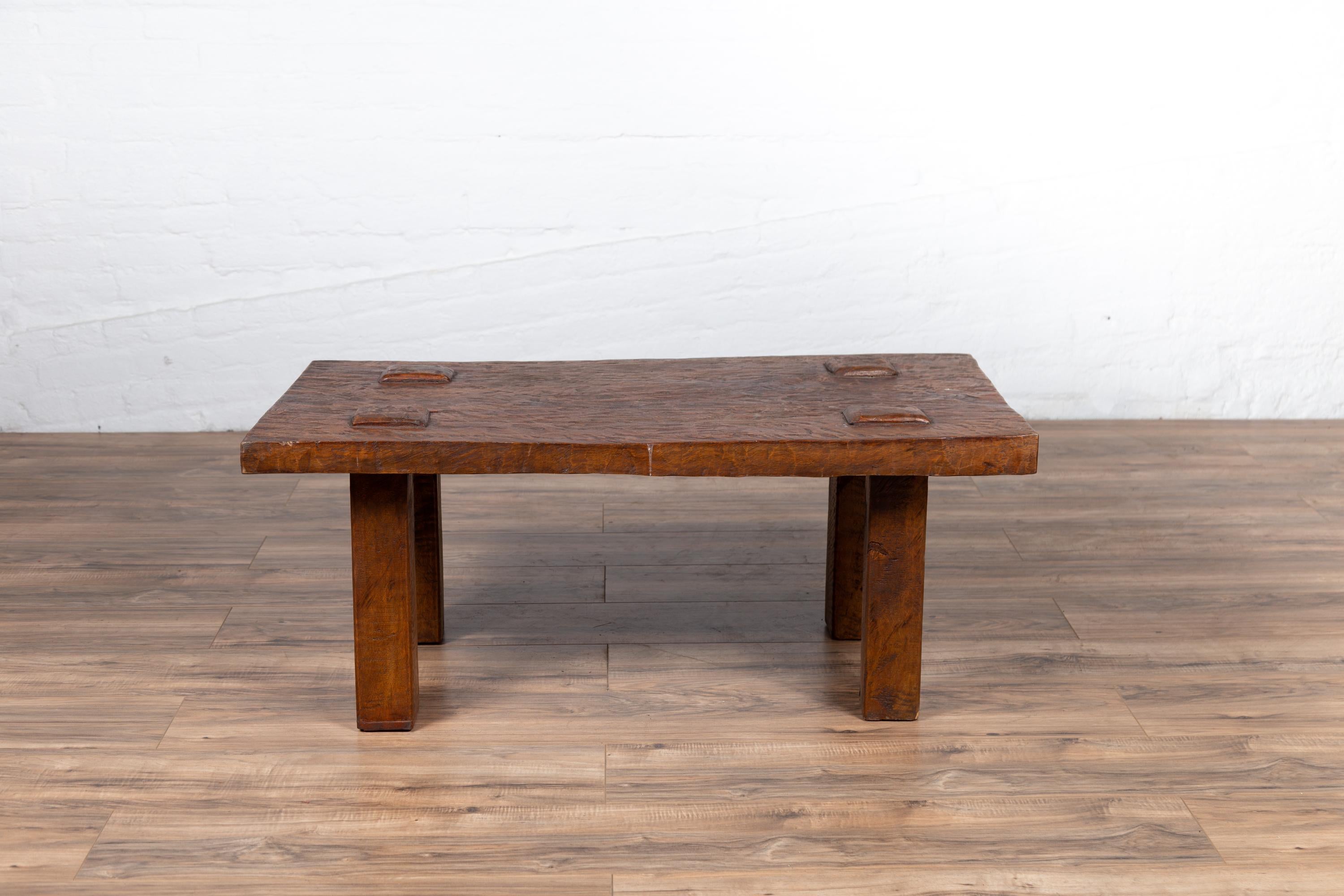 Vintage Indonesian Rustic Wooden Coffee Table with Square Legs and Raised Joints 5
