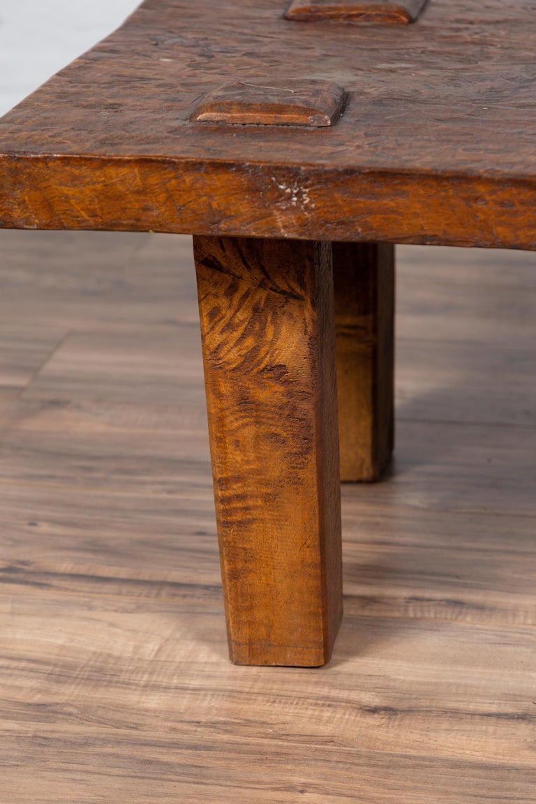 Vintage Indonesian Rustic Wooden Coffee Table with Square Legs and Raised Joints at 1stDibs