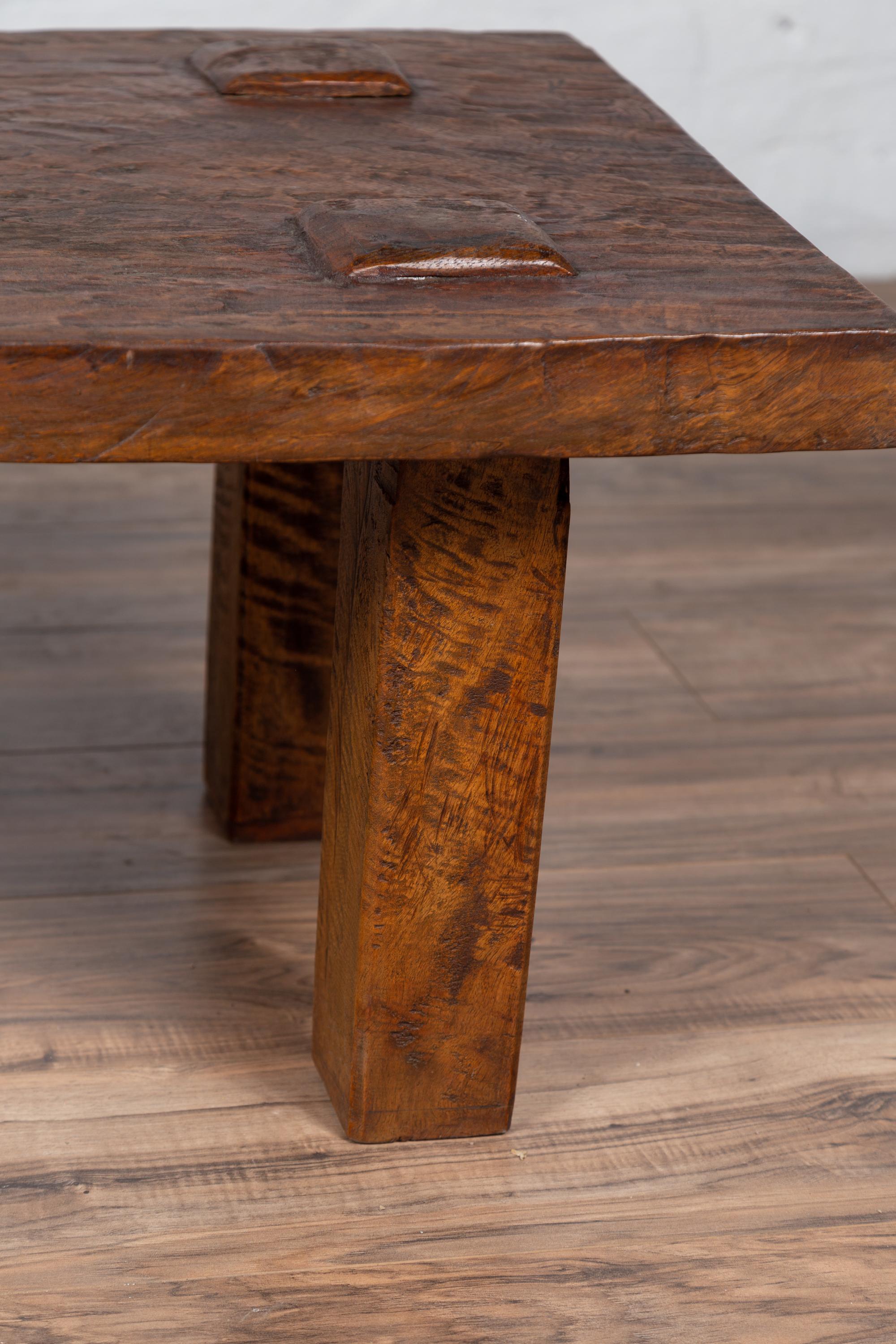 20th Century Vintage Indonesian Rustic Wooden Coffee Table with Square Legs and Raised Joints
