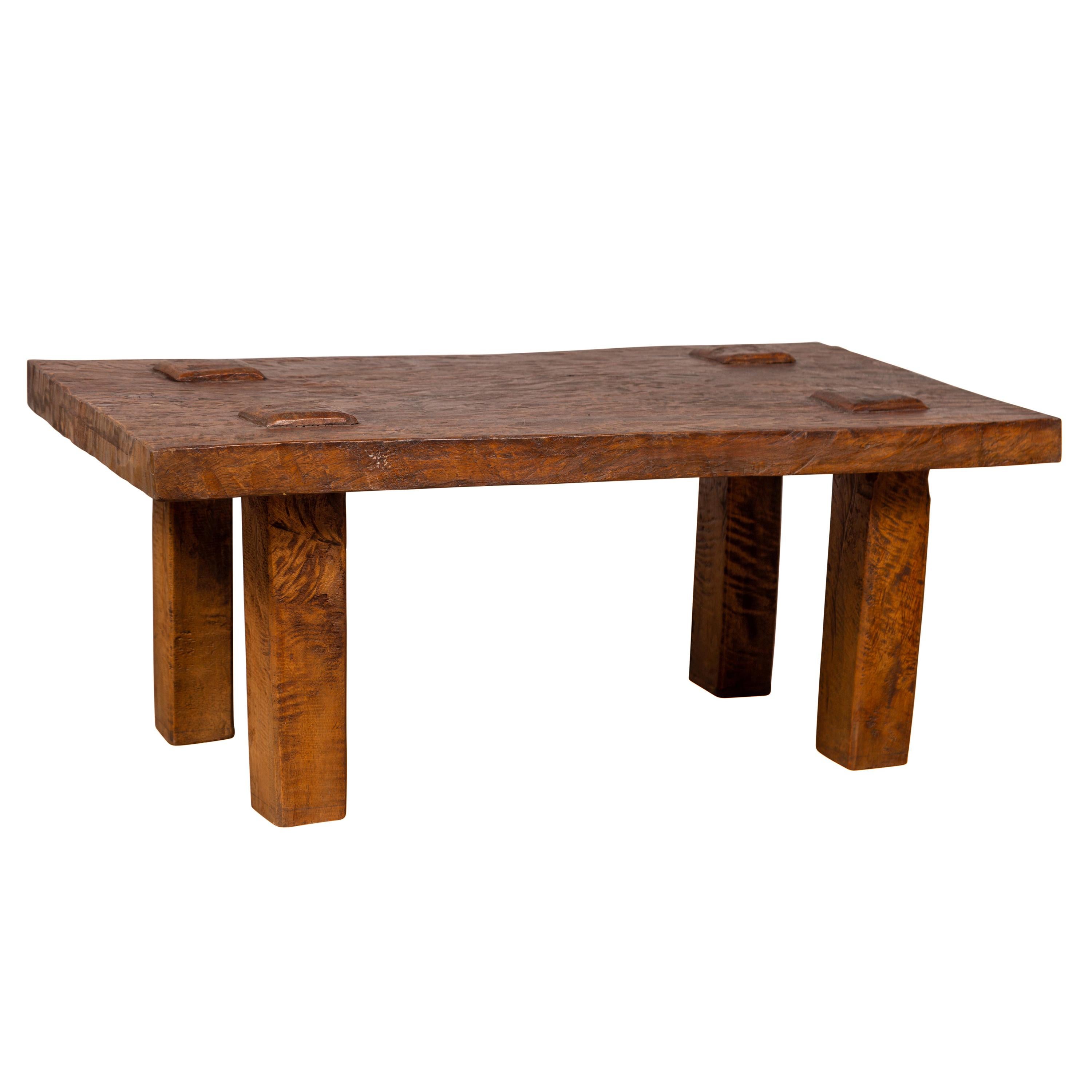 Vintage Indonesian Rustic Wooden Coffee Table with Square Legs and Raised Joints