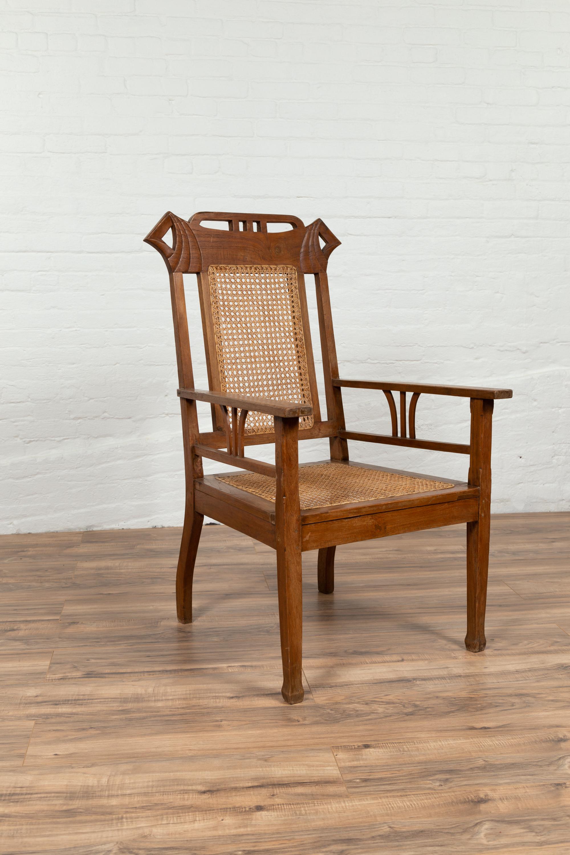 Vintage Indonesian Teak Wood Dutch Colonial Armchair with Rattan Seat and Back 3