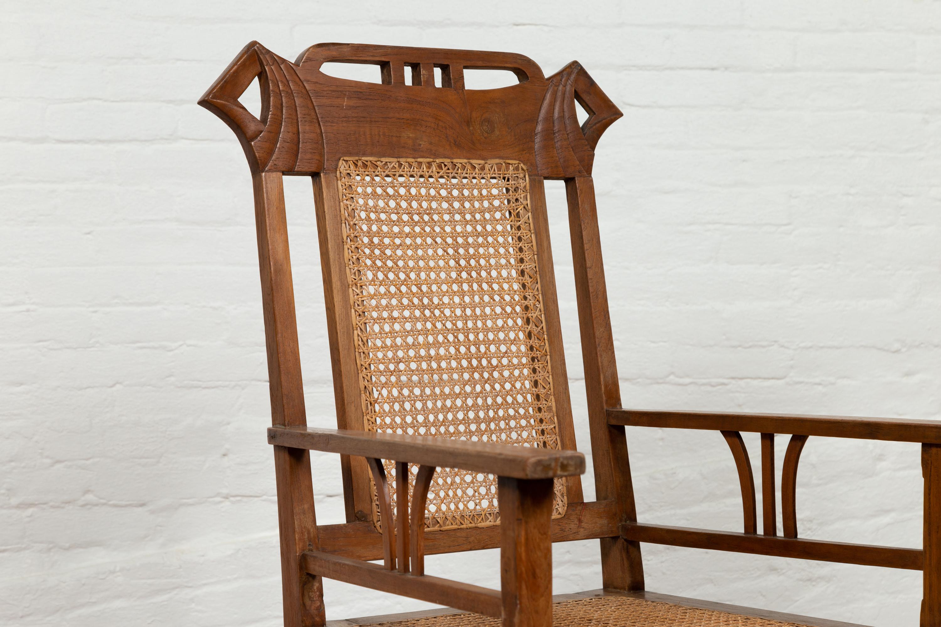 Vintage Indonesian Teak Wood Dutch Colonial Armchair with Rattan Seat and Back 4