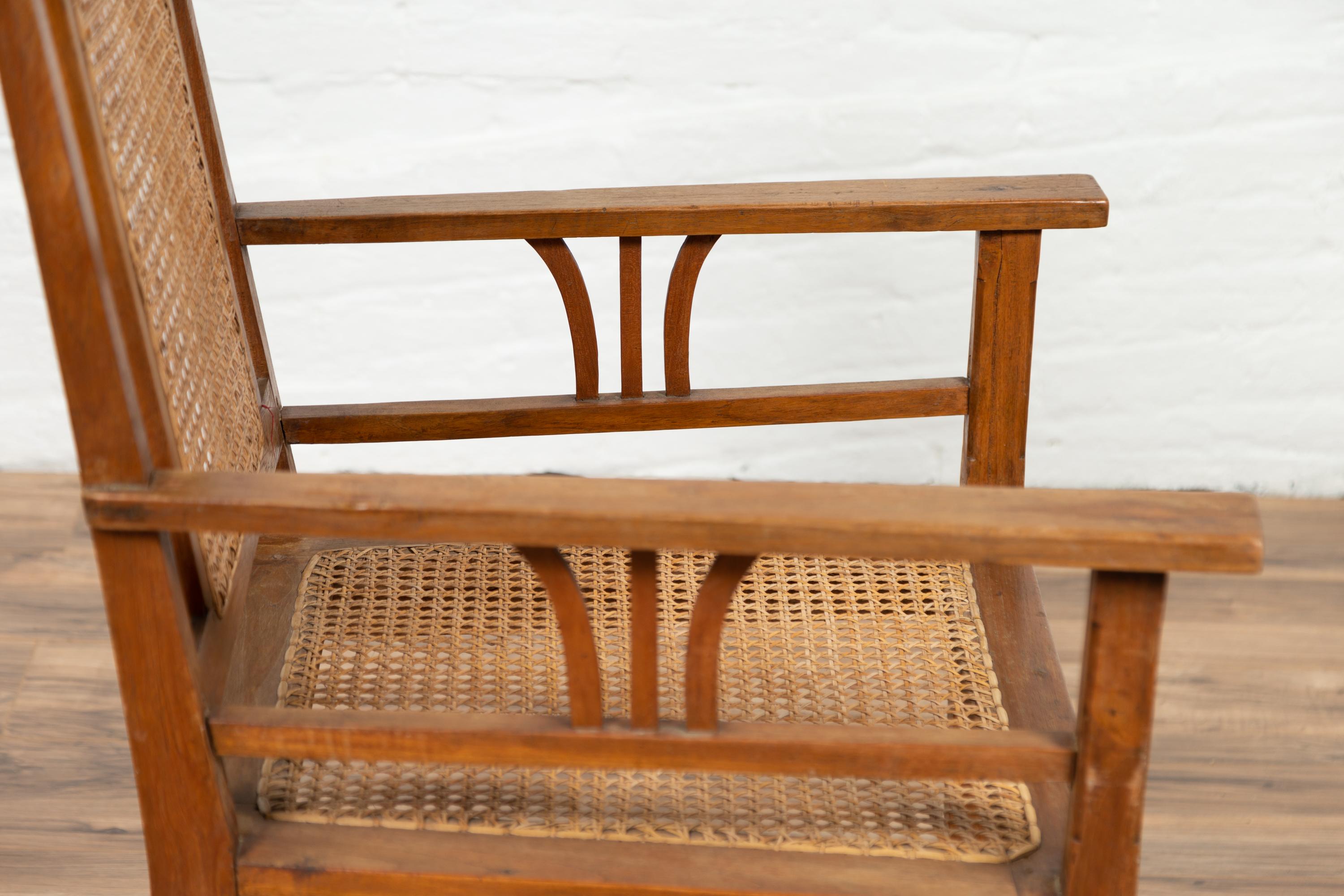 Vintage Indonesian Teak Wood Dutch Colonial Armchair with Rattan Seat and Back 9