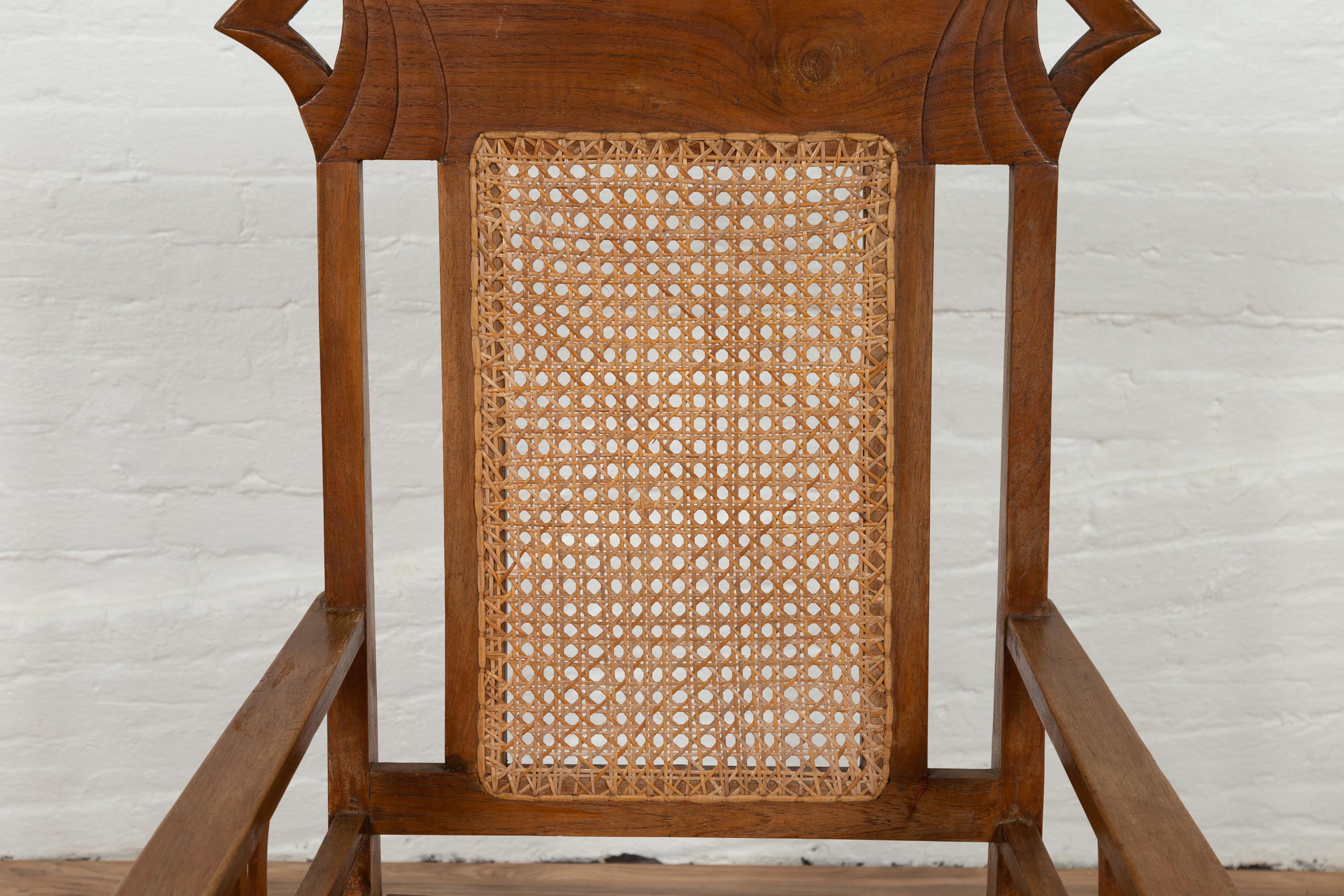 Vintage Indonesian Teak Wood Dutch Colonial Armchair with Rattan Seat and Back 1