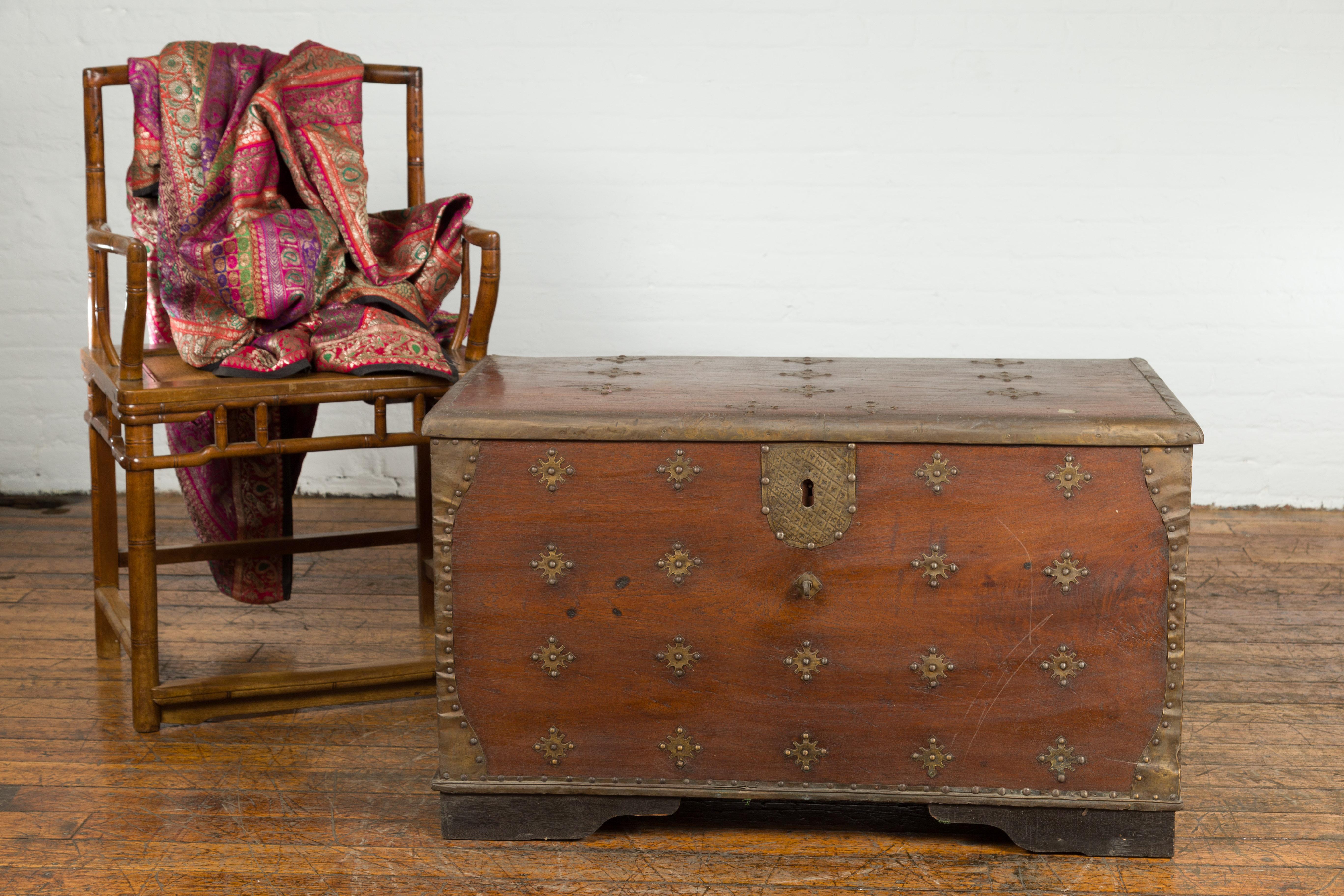 Vintage Indonesian Wooden Blanket Chest with Ornate Brass Star Shaped Motifs In Good Condition In Yonkers, NY