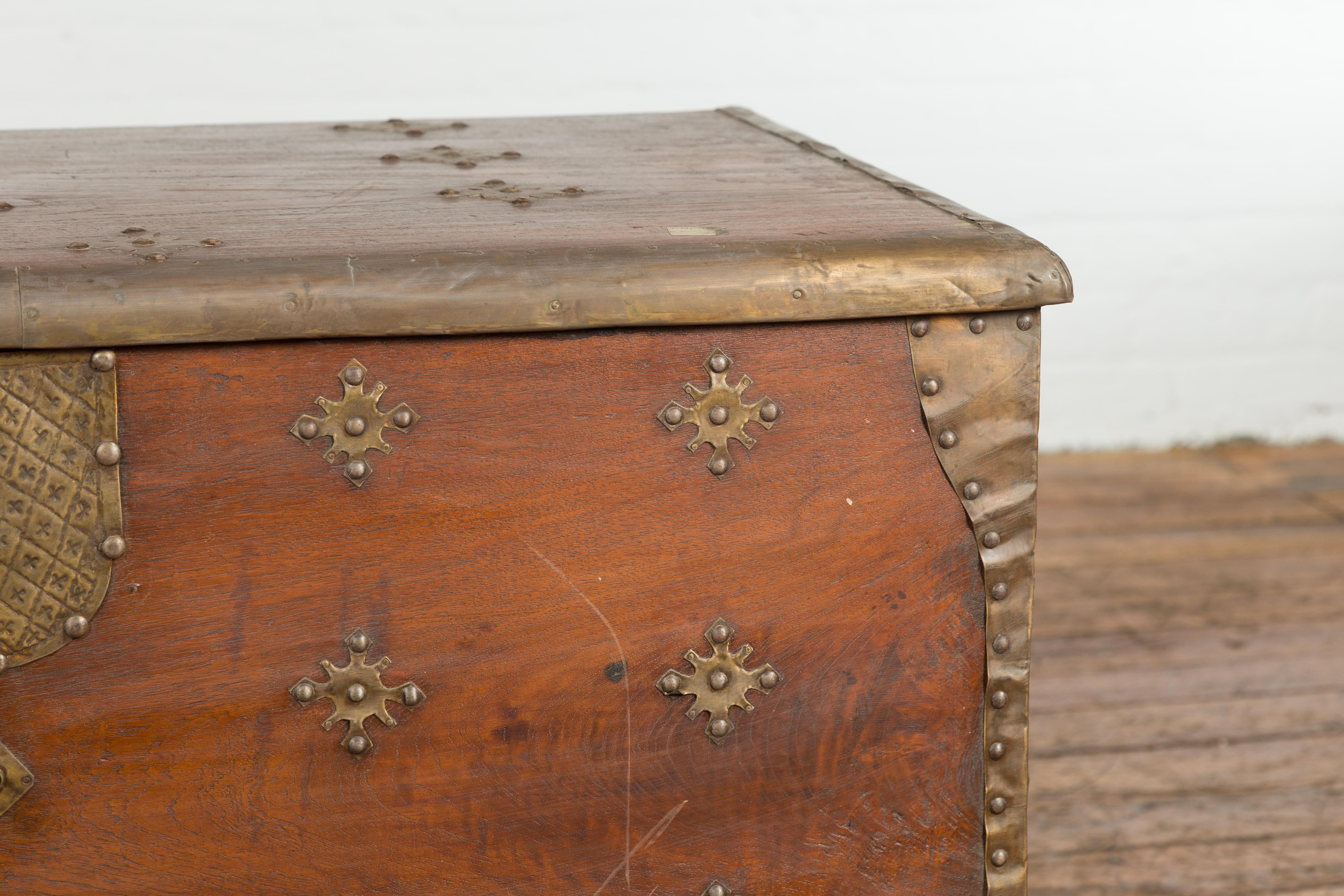 Vintage Indonesian Wooden Blanket Chest with Ornate Brass Star Shaped Motifs 1