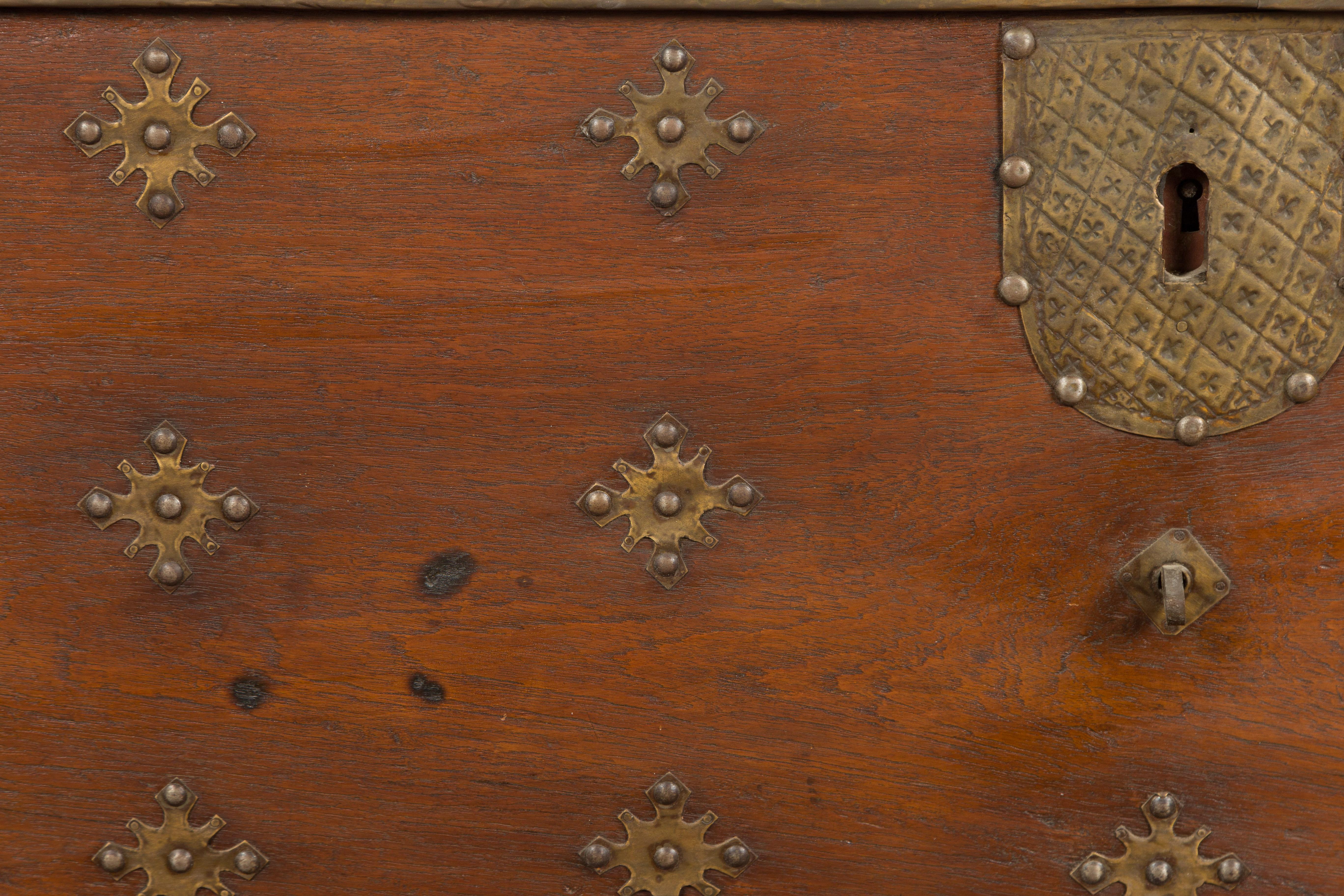 Vintage Indonesian Wooden Blanket Chest with Ornate Brass Star Shaped Motifs 4