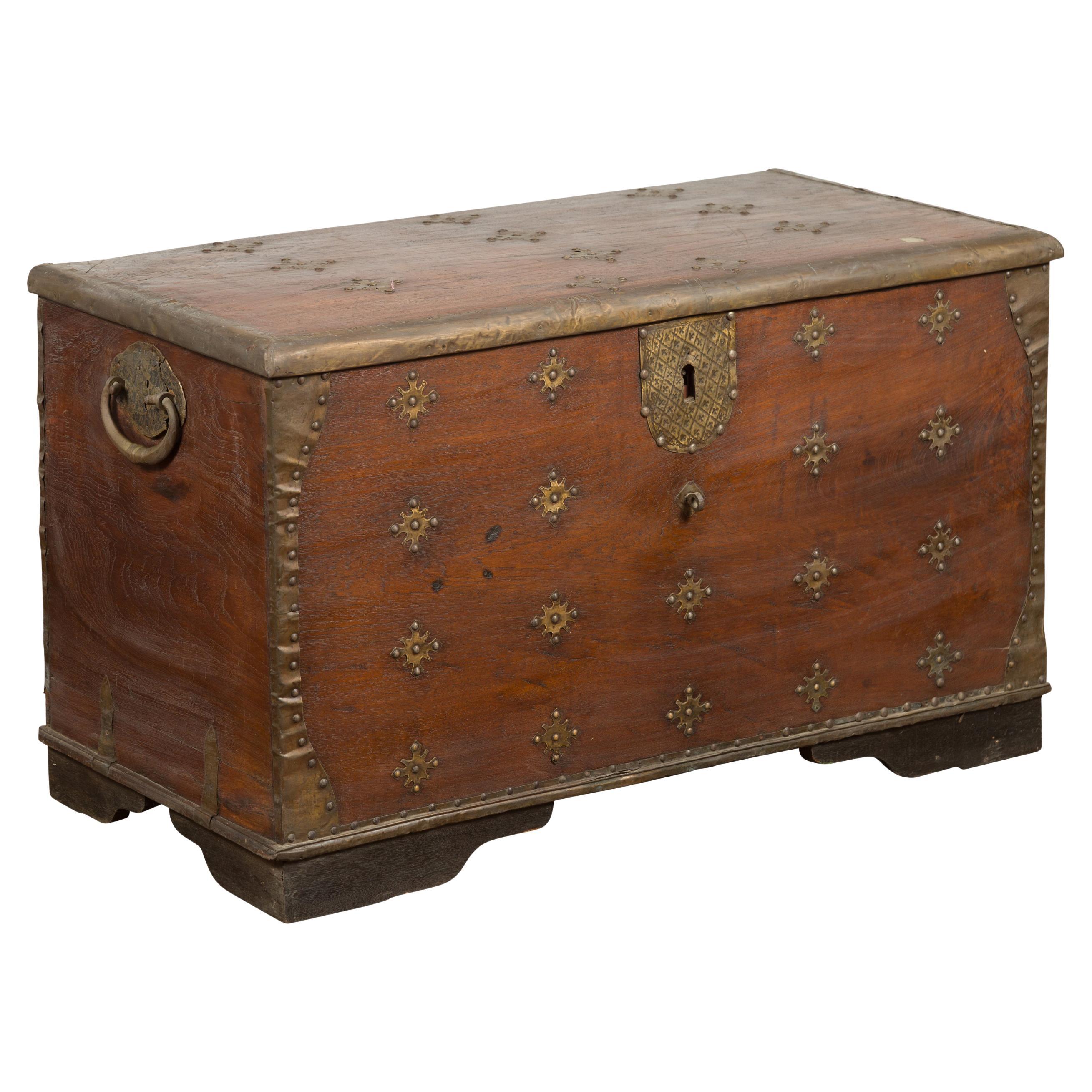 Vintage Indonesian Wooden Blanket Chest with Ornate Brass Star Shaped Motifs