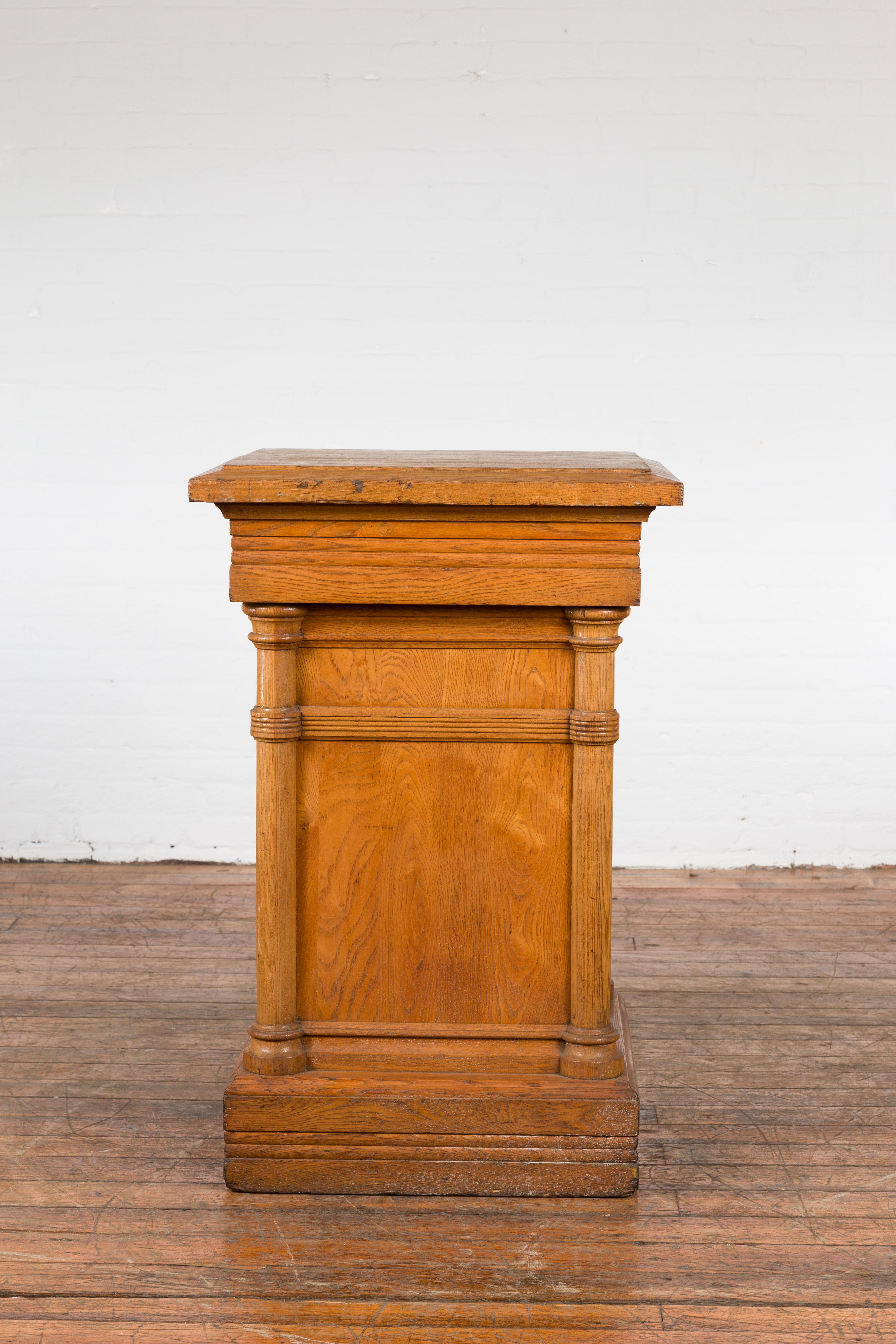 Vintage Indonesian Wooden Pedestal with Doric Semi-Columns and Natural Patina For Sale 2