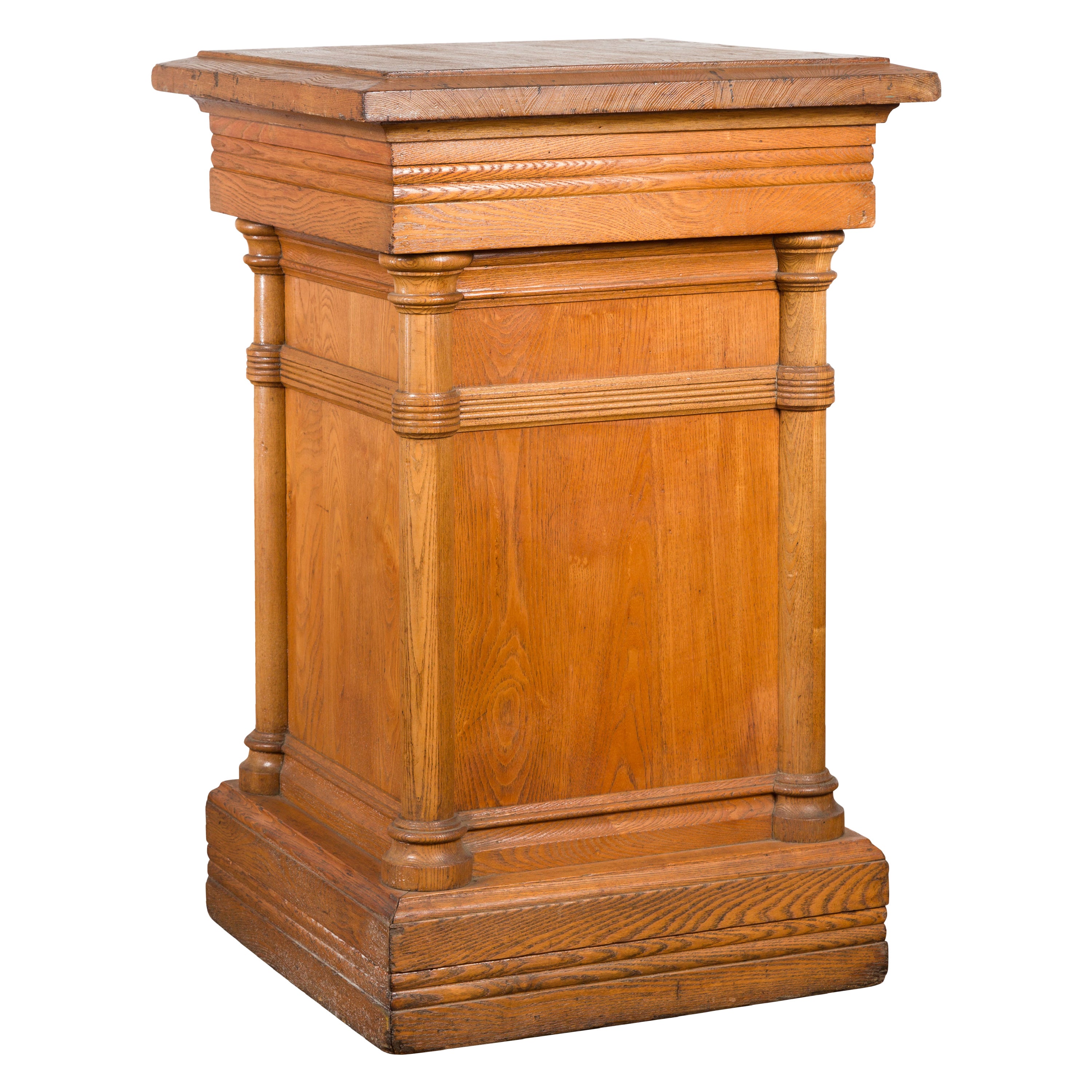 Vintage Indonesian Wooden Pedestal with Doric Semi-Columns and Natural Patina