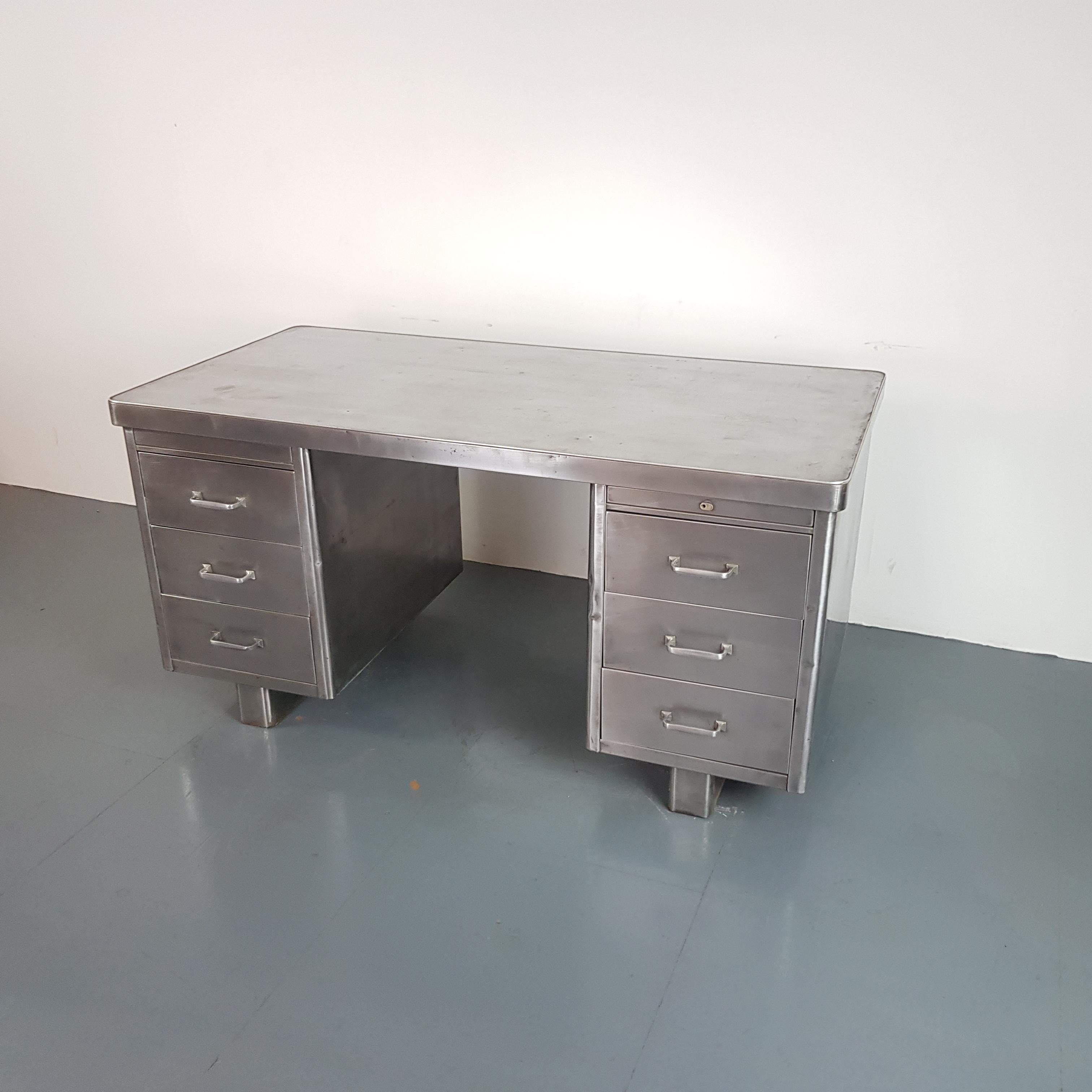British Vintage Industrial 1930s Double Pedestal Polished Steel Desk For Sale
