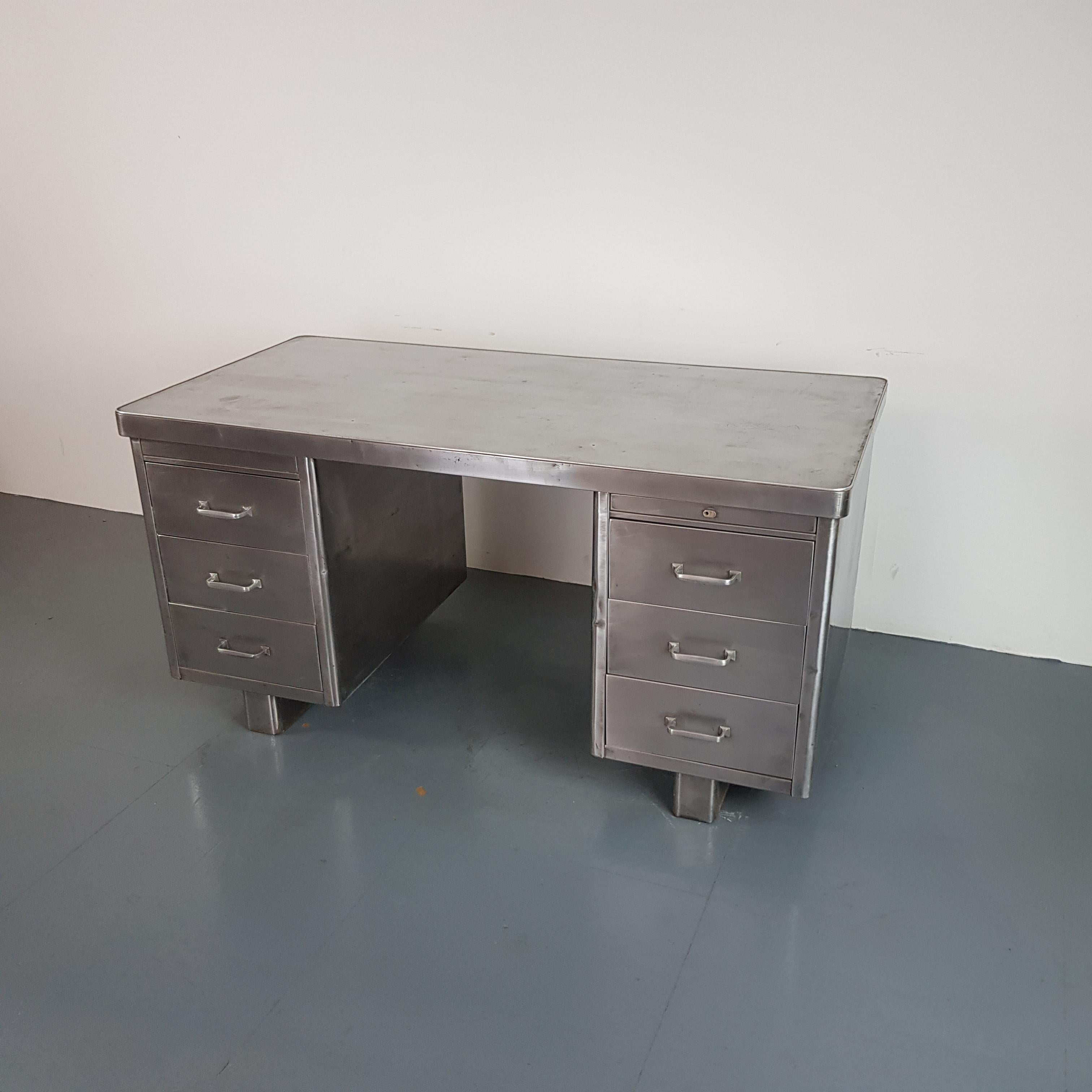 Vintage Industrial 1930s Double Pedestal Polished Steel Desk In Good Condition For Sale In Lewes, East Sussex