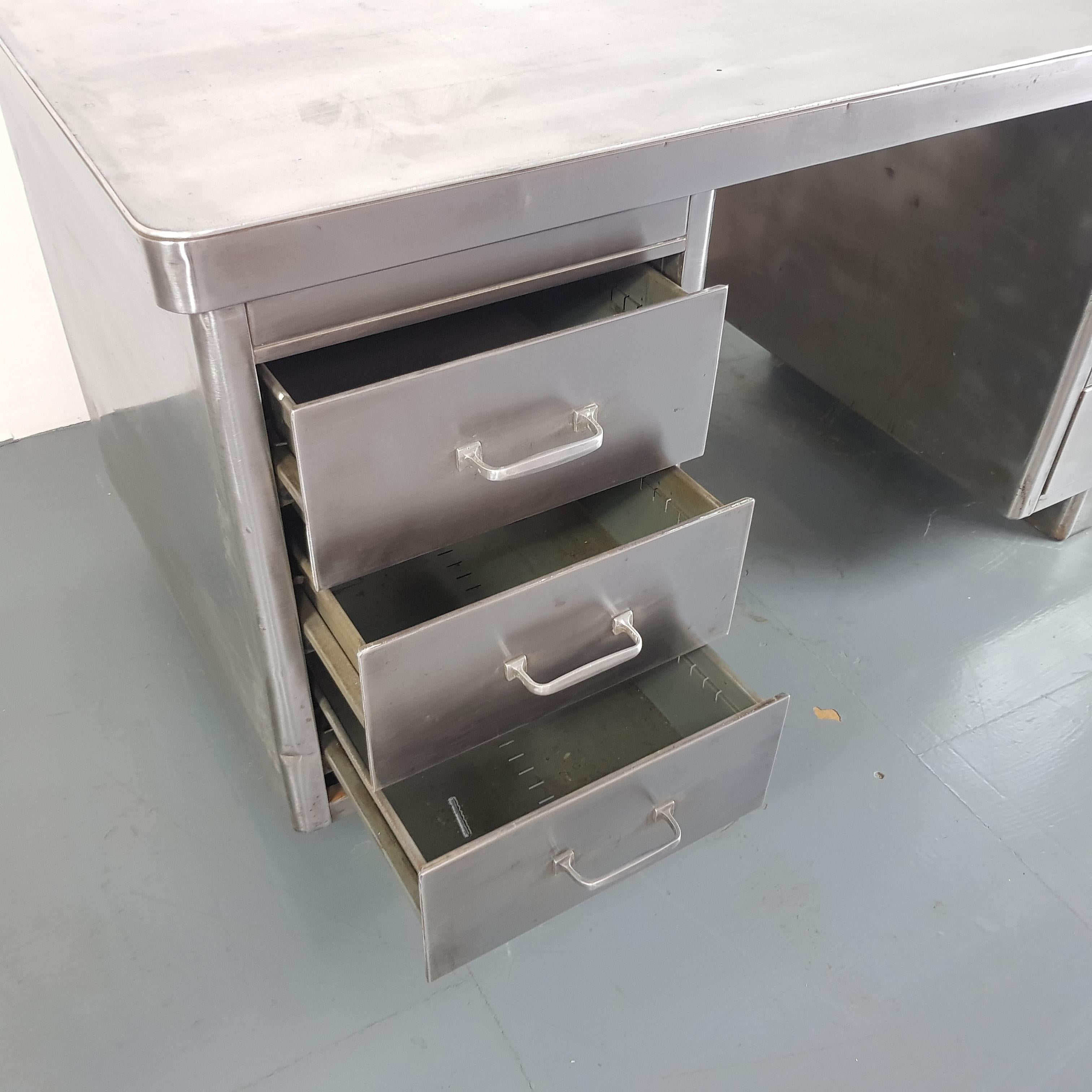 20th Century Vintage Industrial 1930s Double Pedestal Polished Steel Desk For Sale