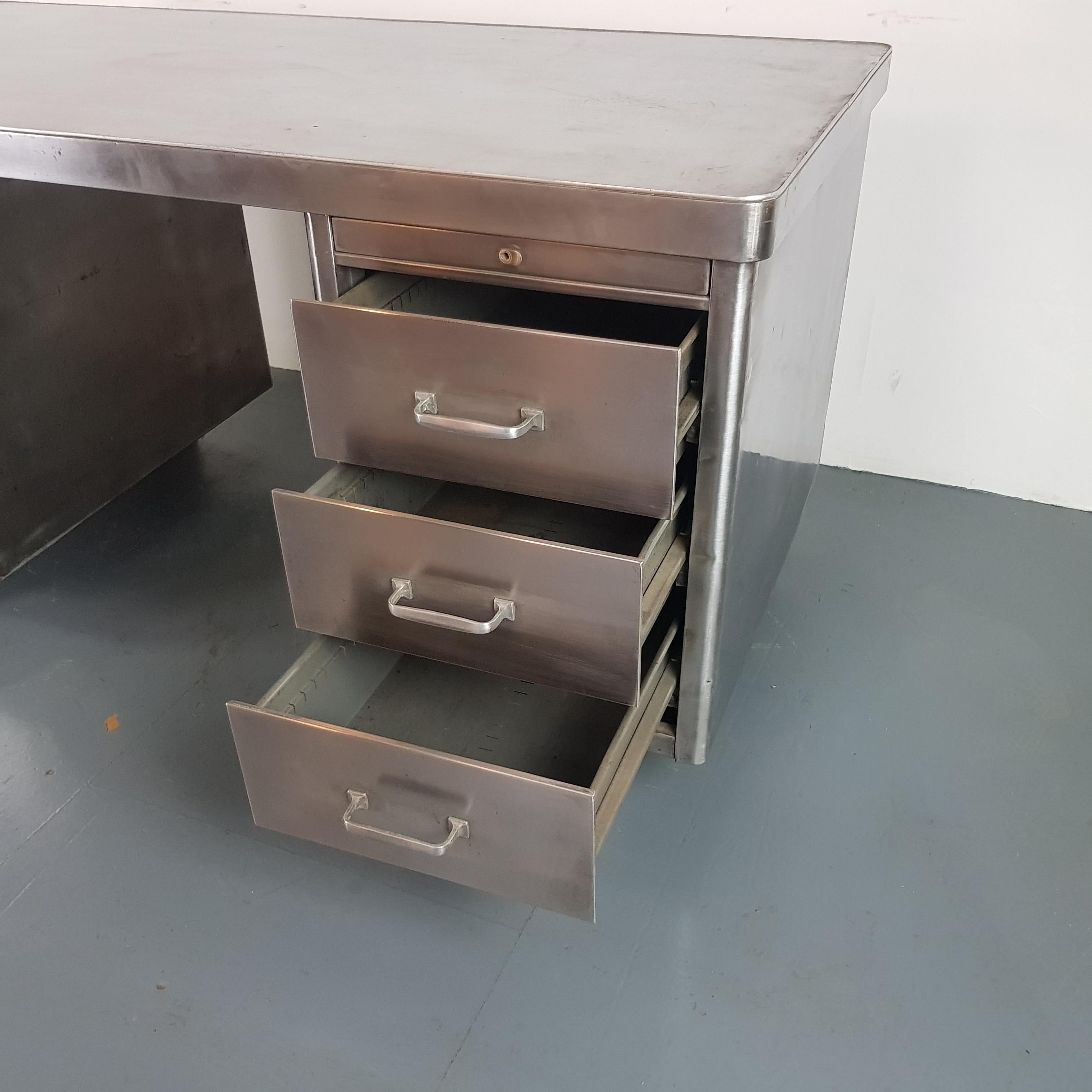 Vintage Industrial 1930s Double Pedestal Polished Steel Desk For Sale 1