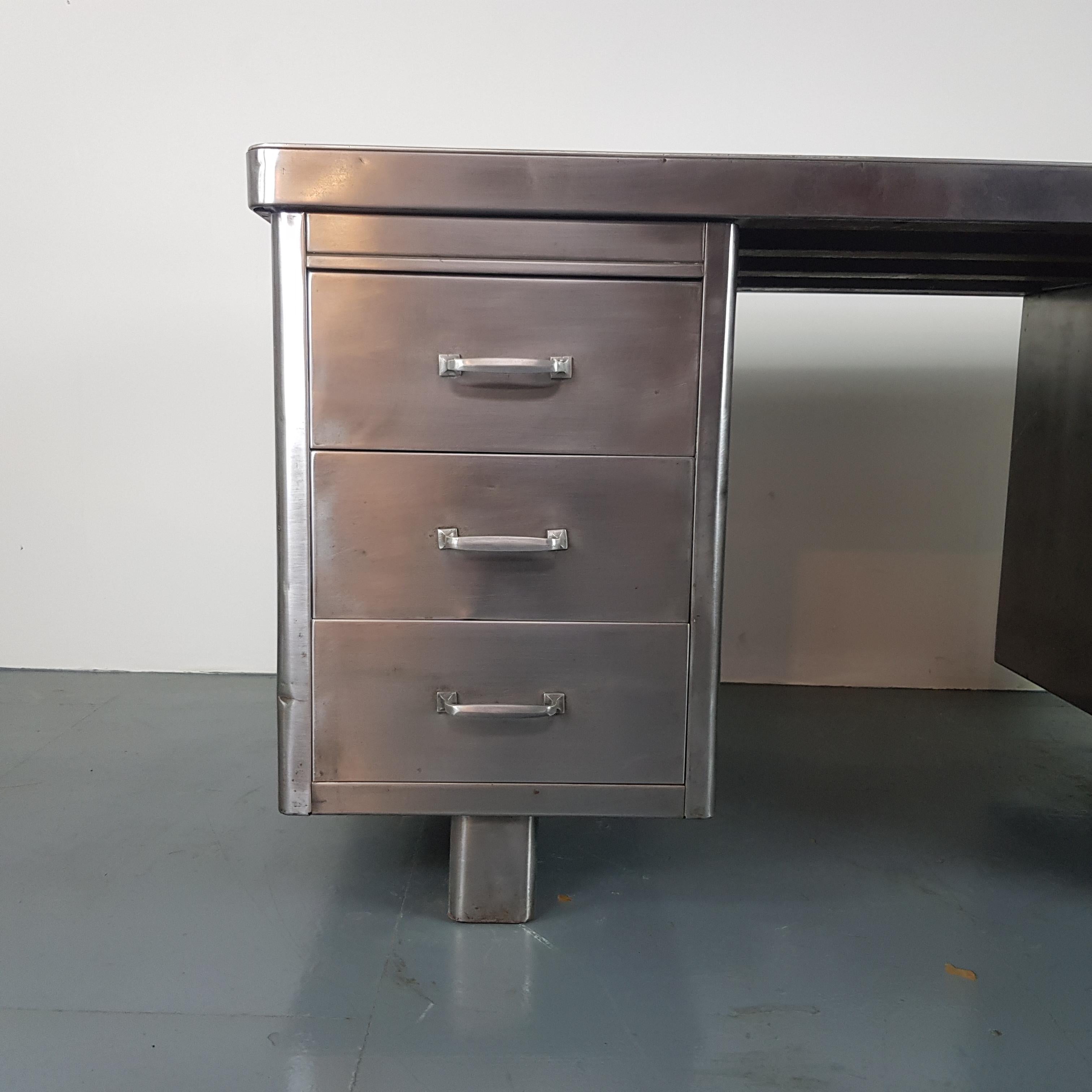 Vintage Industrial 1930s Double Pedestal Polished Steel Desk For Sale 2