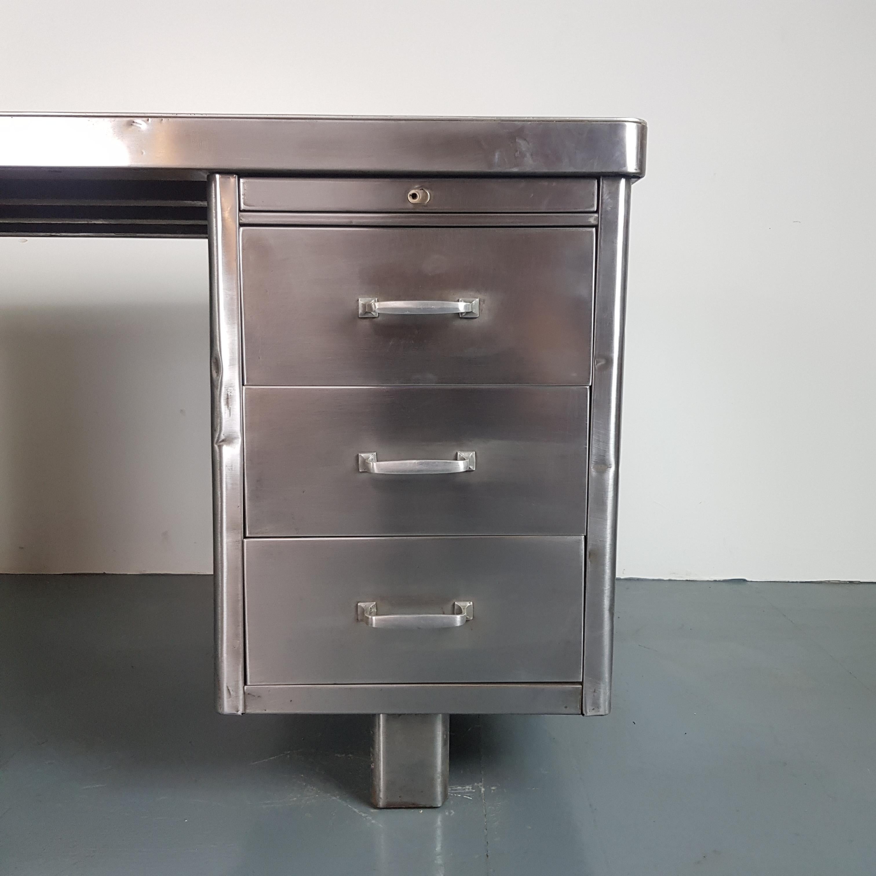 Vintage Industrial 1930s Double Pedestal Polished Steel Desk For Sale 3