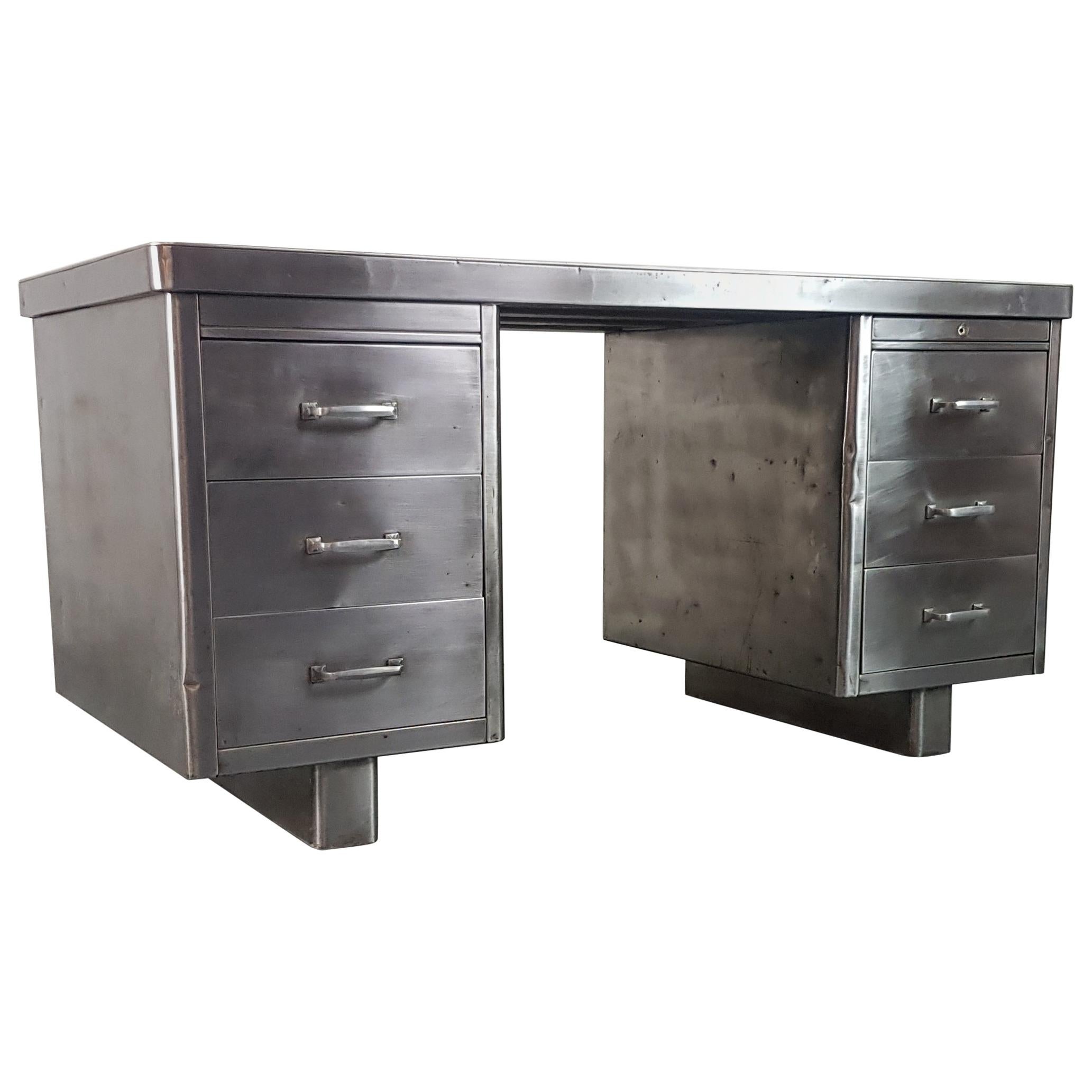 Vintage Industrial 1930s Double Pedestal Polished Steel Desk For Sale