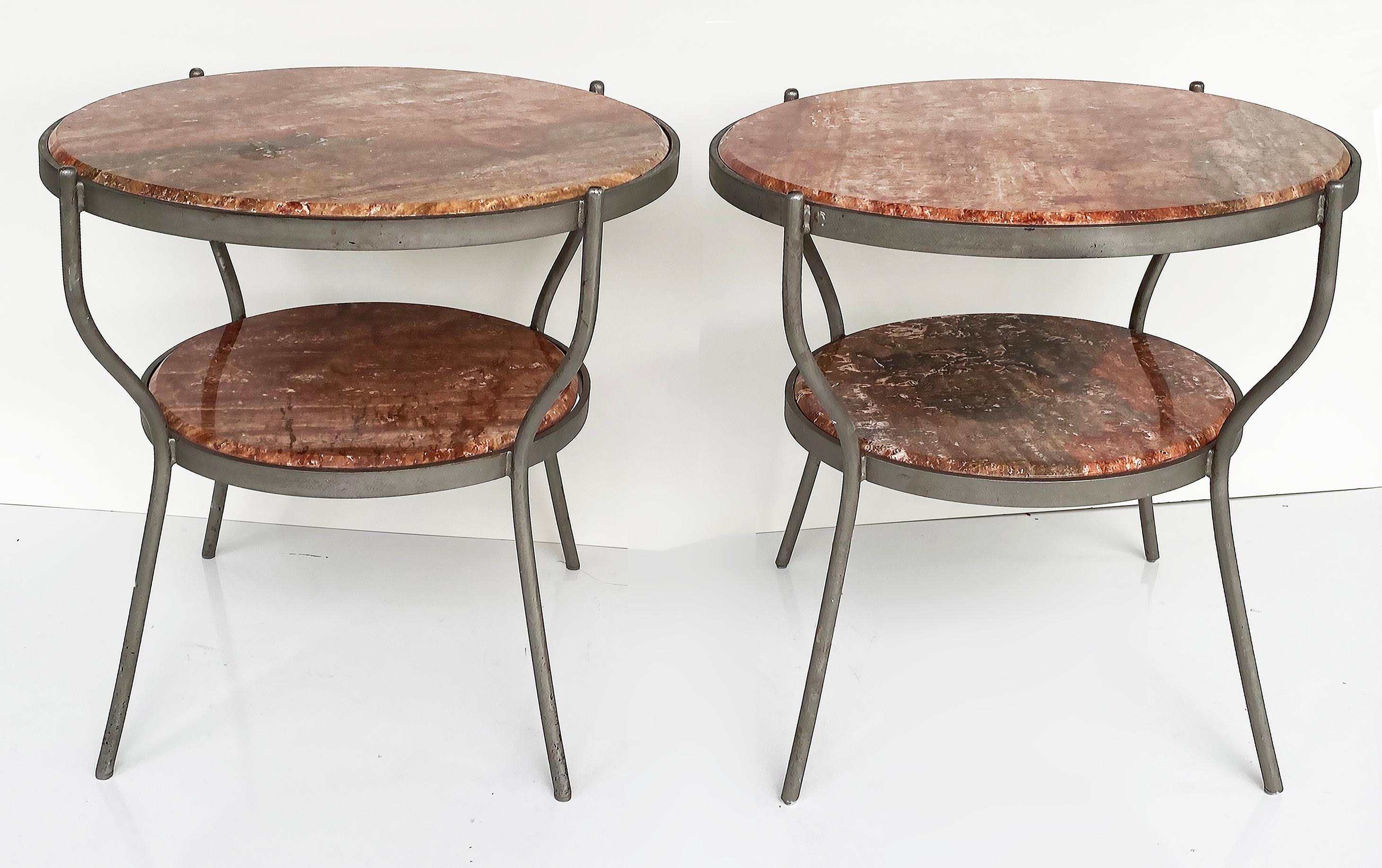 Vintage Industrial 2-Tier Metal Frame Marble Top Side Tables, Pair For Sale 4