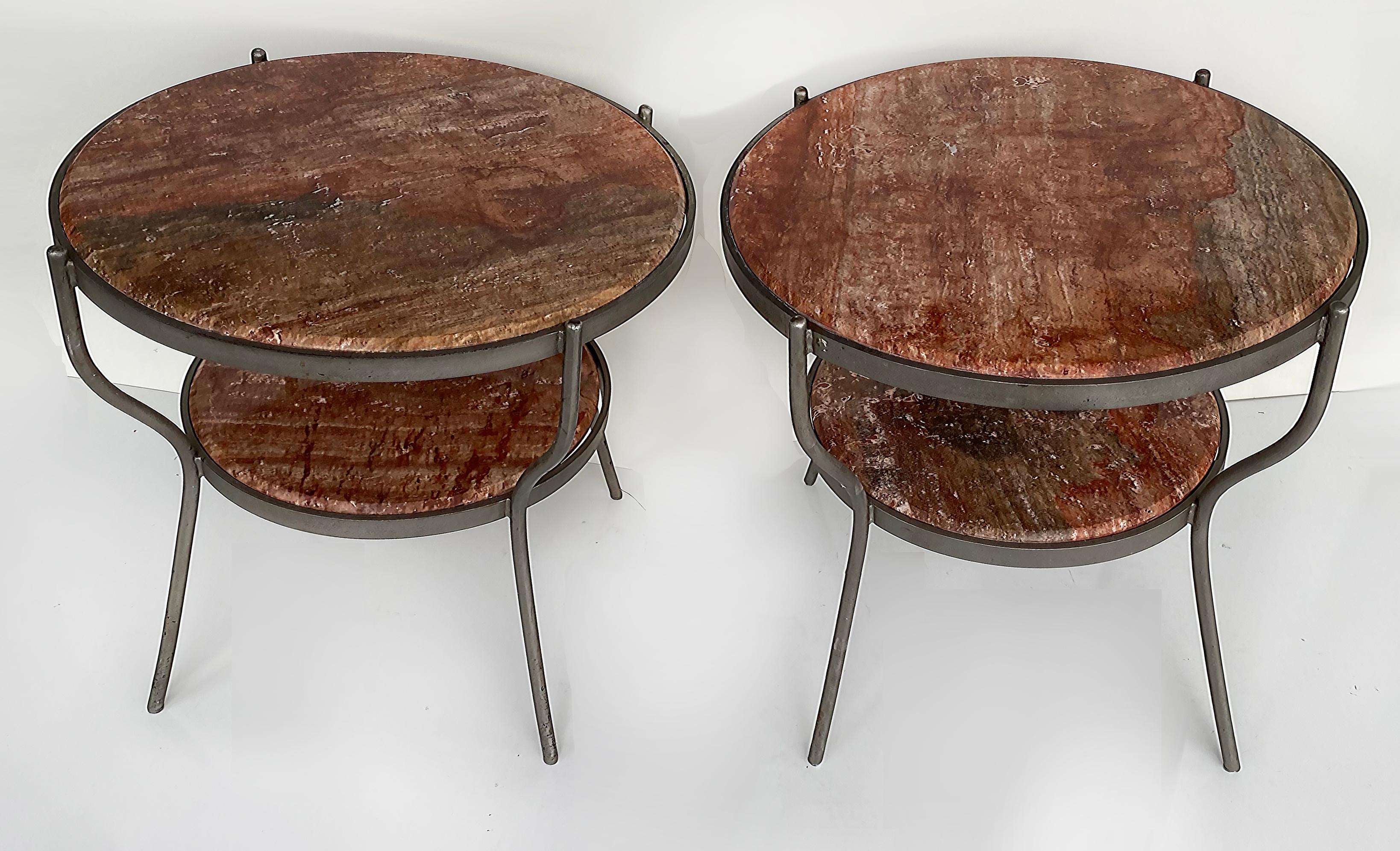 Vintage Industrial 2-Tier Metal Frame Marble Top Side Tables, Pair In Good Condition For Sale In Miami, FL