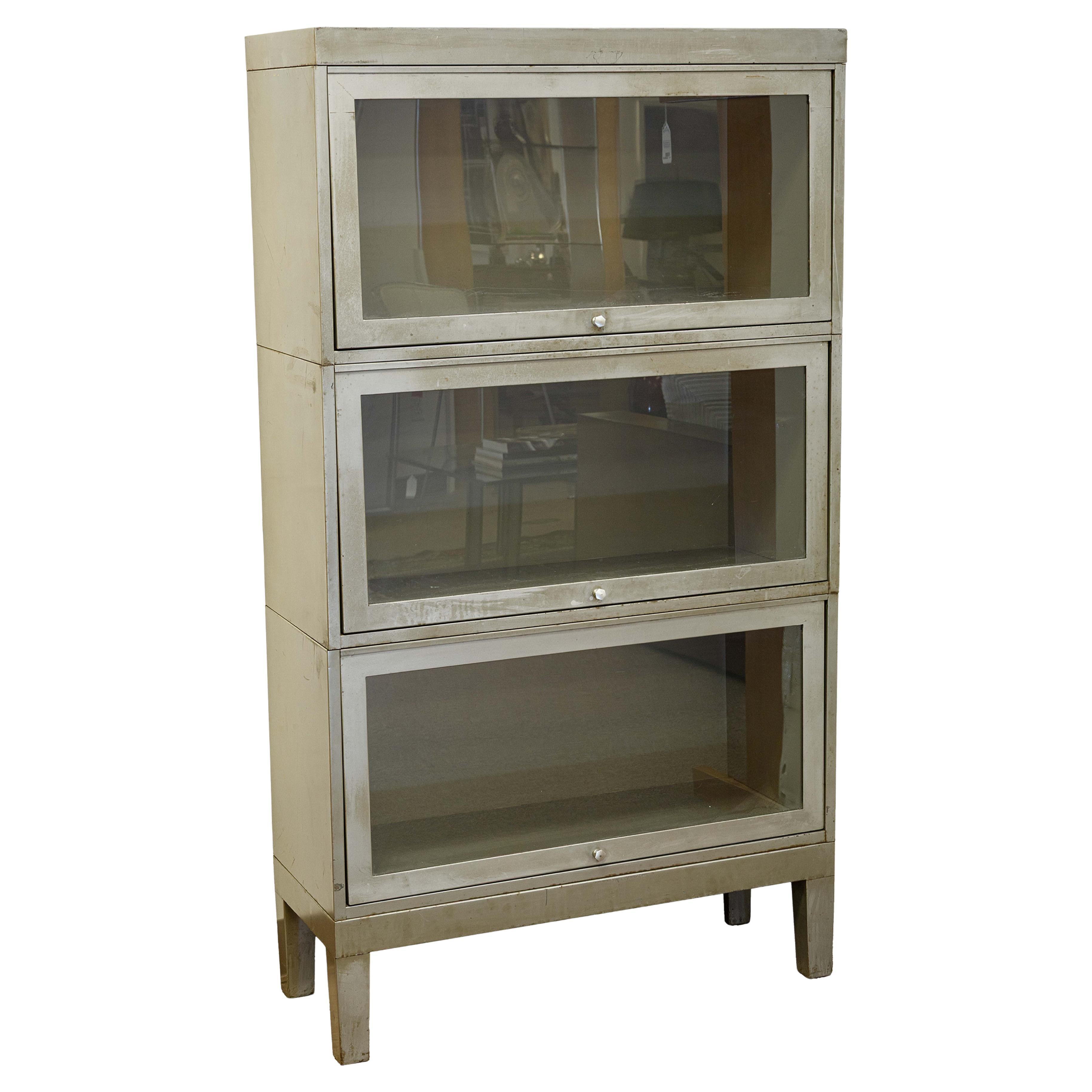 Vintage Industrial 3 Shelf Brushed Metal Barrister Bookshelf