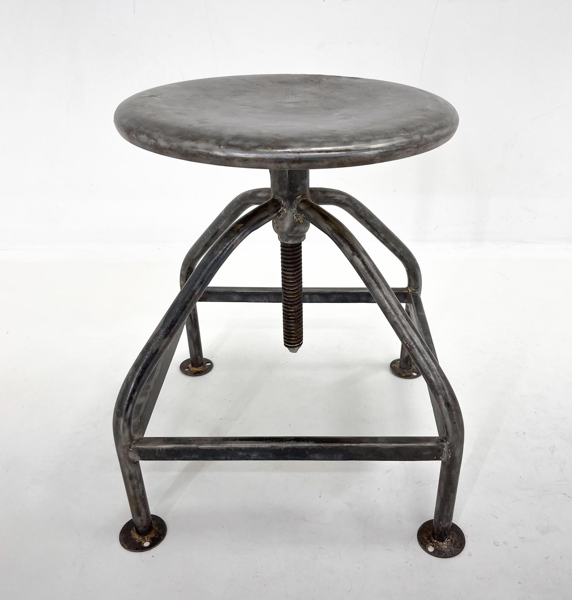 Vintage Industrial Adjustable Brushed Steel Stool, 1950s In Good Condition For Sale In Praha, CZ
