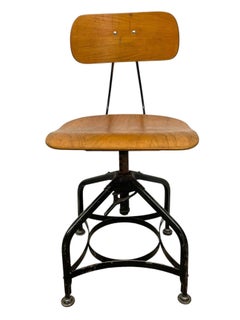 Vintage Industrial Adjustable Height Drafting Chair with Bentwood Seat.