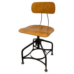 Vintage Industrial Adjustable Height Drafting Chair with Bentwood Seat.